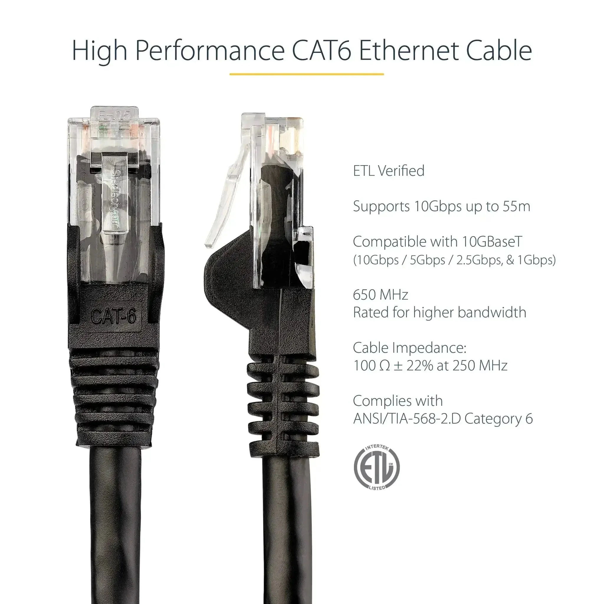 12Ft Cat6 Ethernet Patch Cable Black Snagless With Strain Relief 250MHz 24AWG Copper RJ45 UTP Gigabit And 10Gbps Ready Up To 160Ft 100W PoE Compatible ANSI/TIA-568-2-D Category 6 High Performance Network Cable - Image 6