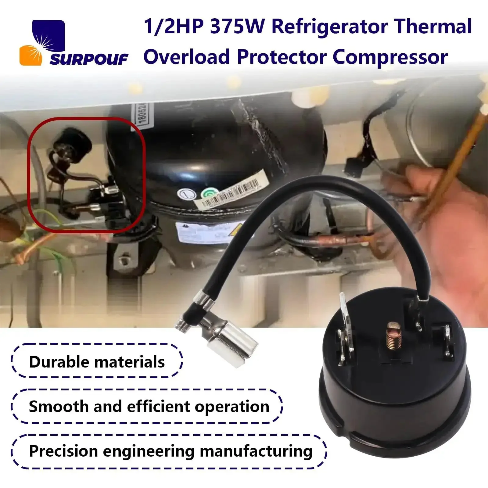 1/2HP 375W Refrigerator Thermal Overload Protector For Compressor Replacement Parts With Real Time Temperature Monitoring And Auto Shutoff Prevent Overheating And Protect Your Fridge Motor - Image 4