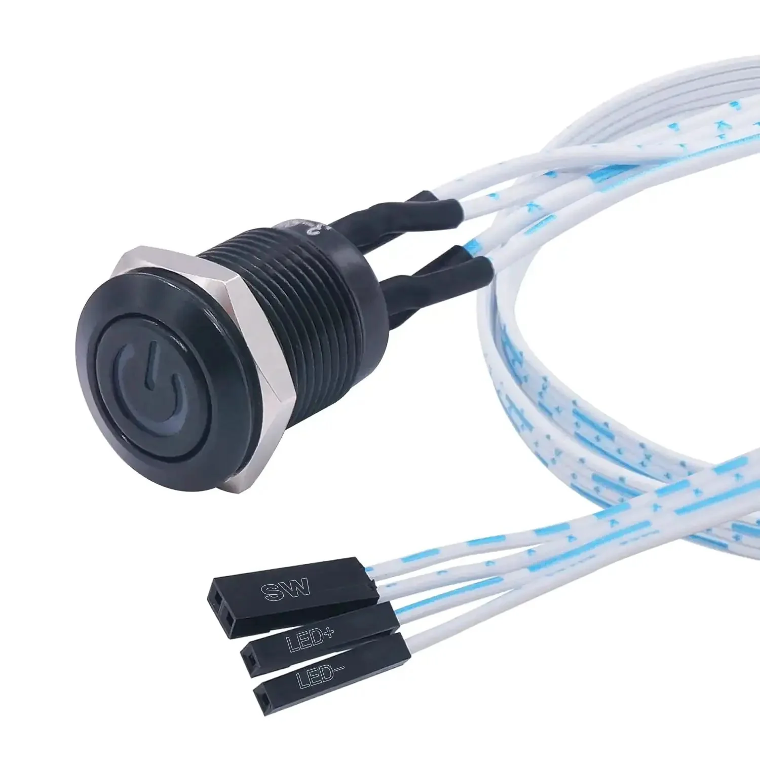 12mm Momentary Push Button Switch With Blue LED Ring That Feels Beefy Tough Metal Chassis Waterproof Power Button For 12mm Mount Hole Wire Lead 6V LED 3A Max High Quality Panel Mount Switch