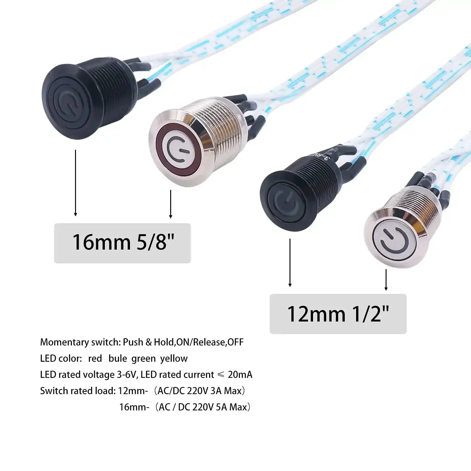 12mm Momentary Push Button Switch With Blue LED Ring That Feels Beefy Tough Metal Chassis Waterproof Power Button For 12mm Mount Hole Wire Lead 6V LED 3A Max High Quality Panel Mount Switch - Image 5