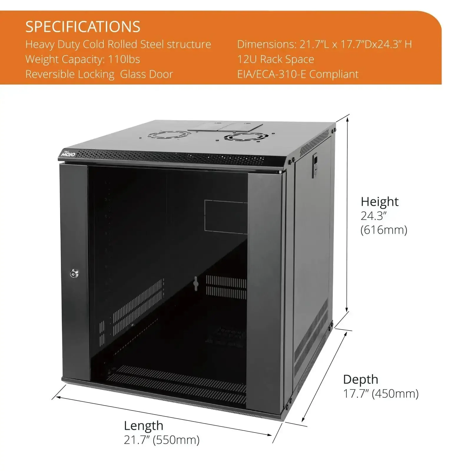 12U Wall Mount Server Cabinet With Lockable Glass Door And Side Panels Space-Saving 24.25 Inch High By 21.65 Inch Wide By 17.72 Inch Deep, 14.2 Inch Maximum Mounting Depth, For 19 Inch IT And A V Equipment, Includes Cooling Fan - Image 6
