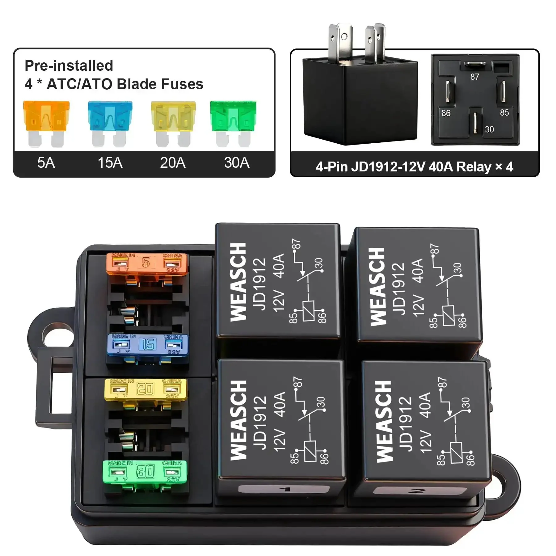 12V 4 Way Fuse Relay Box With Four Relays And Four ATC And ATO Fuses, Universal Fuse And Relay Block For Cars Trucks Jeeps ATVs RVs, Prewired With Six Fuse Slots And Spare Fuses - Image 3