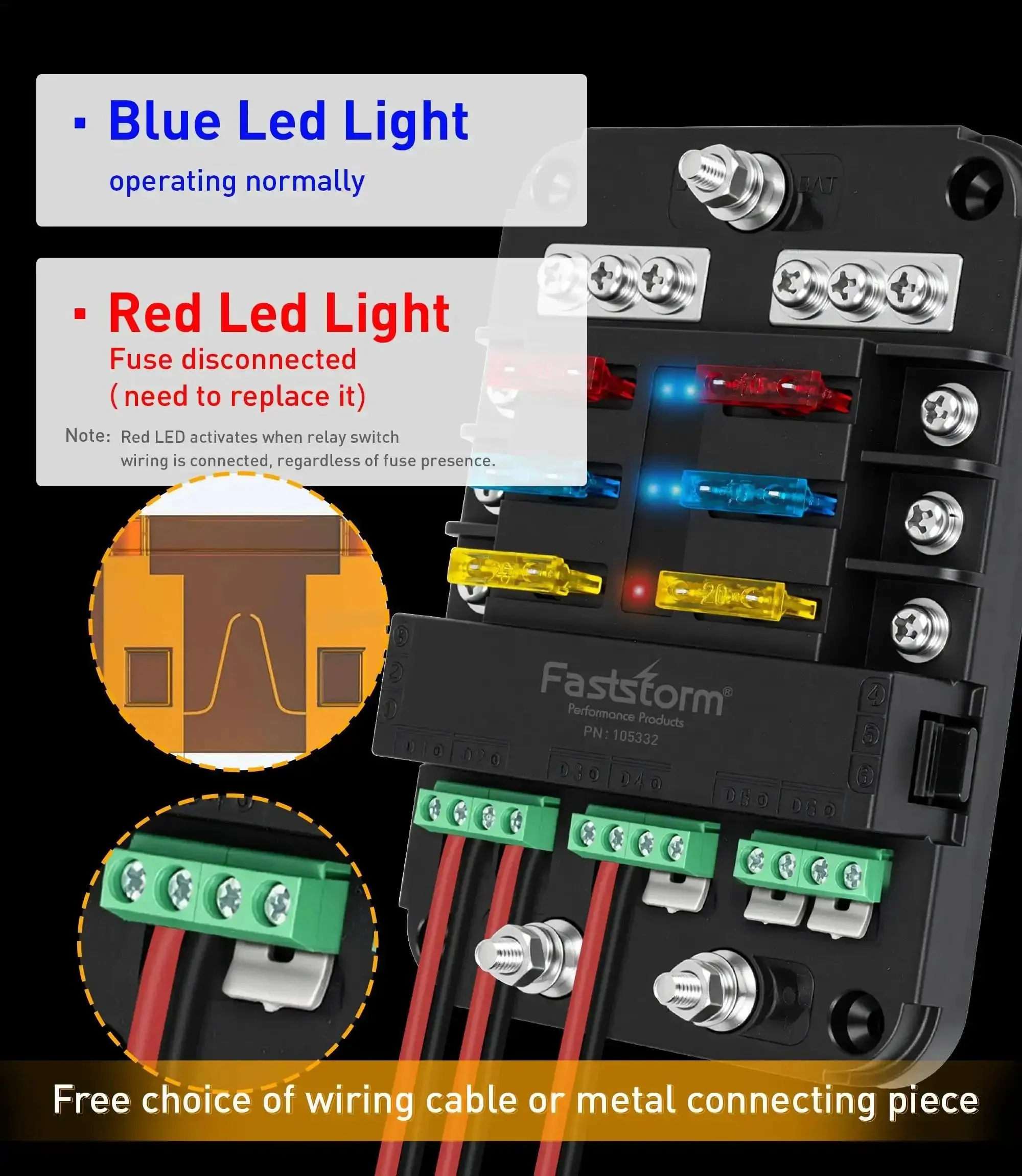 12V 6 Way Fuse Block With Relay For Marine And RV Applications, ATC ATO Blade Fuses, LED Indicator, ACC Interface, Independent Circuit Control For Low Power Draw On High Current Devices - Image 5