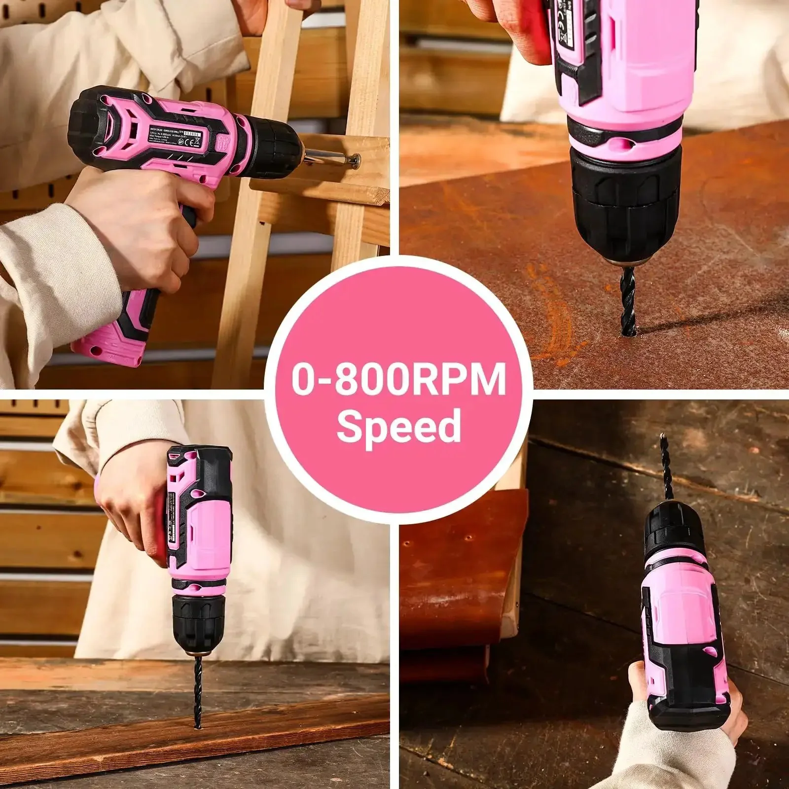 12V Cordless Drill Kit With Pink Design And LED Light 800 RPM Power Drill Set With Multi Tool Gift Box Lightweight Women Friendly Drill For Wood And Plastic DIY Projects - Image 7