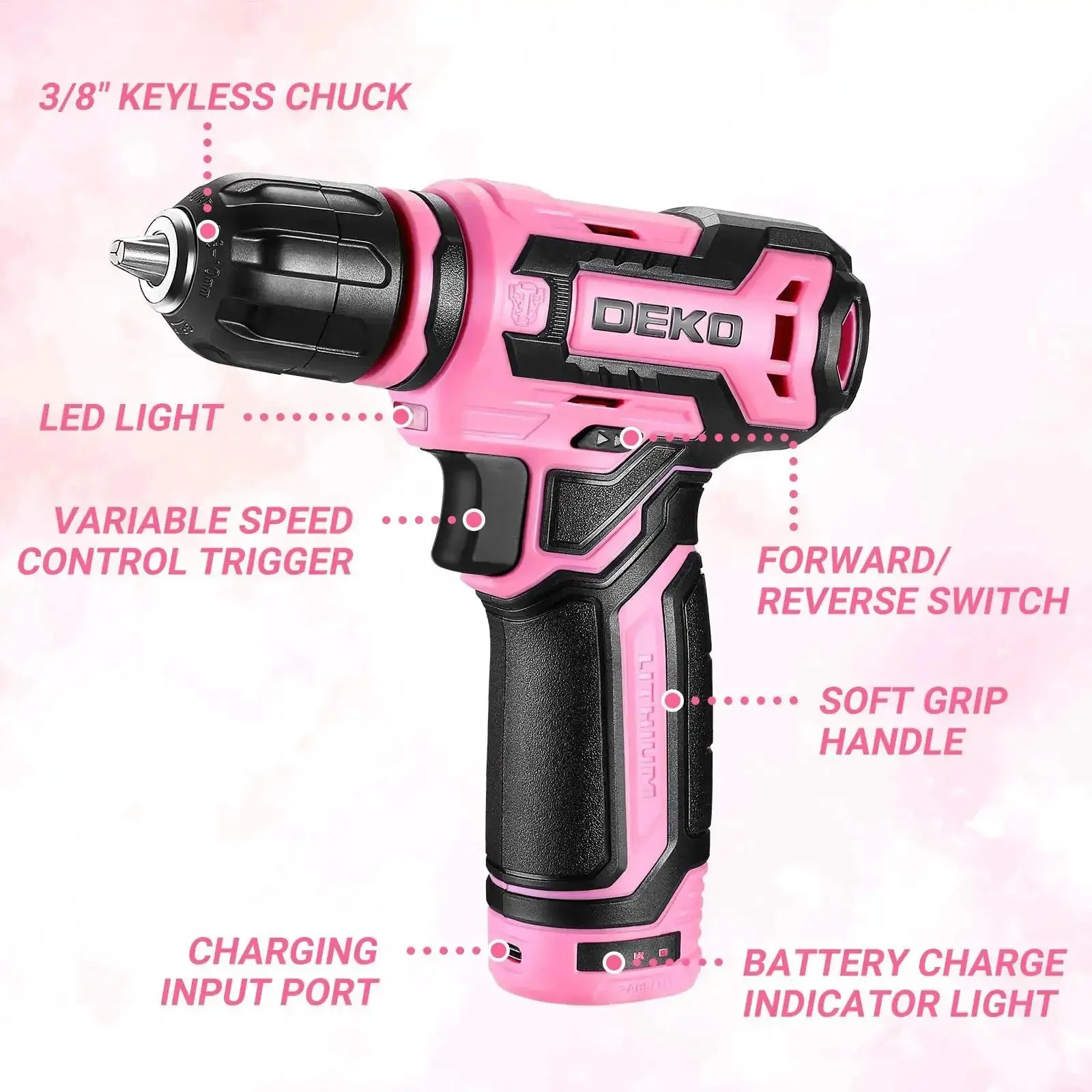 12V Cordless Drill Kit With Pink Design And LED Light 800 RPM Power Drill Set With Multi Tool Gift Box Lightweight Women Friendly Drill For Wood And Plastic DIY Projects - Image 9