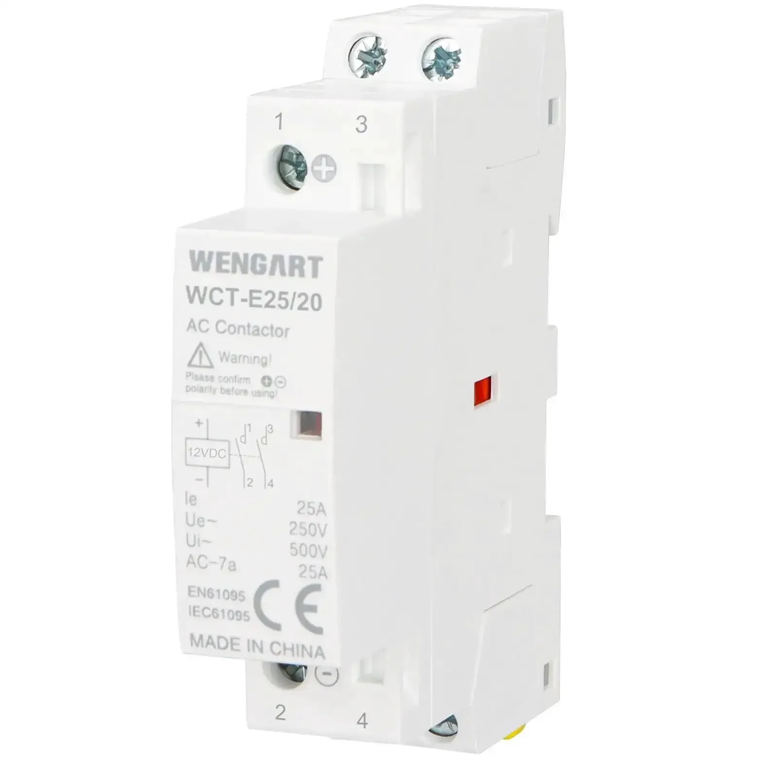 12V DC Coil Contactor 25 Amp 2 Pole Normally Open Noise Free Switch For RV, Solar And Smart Systems, 35mm DIN Rail Mount, Energy Saving DC Contactor WCT-E25