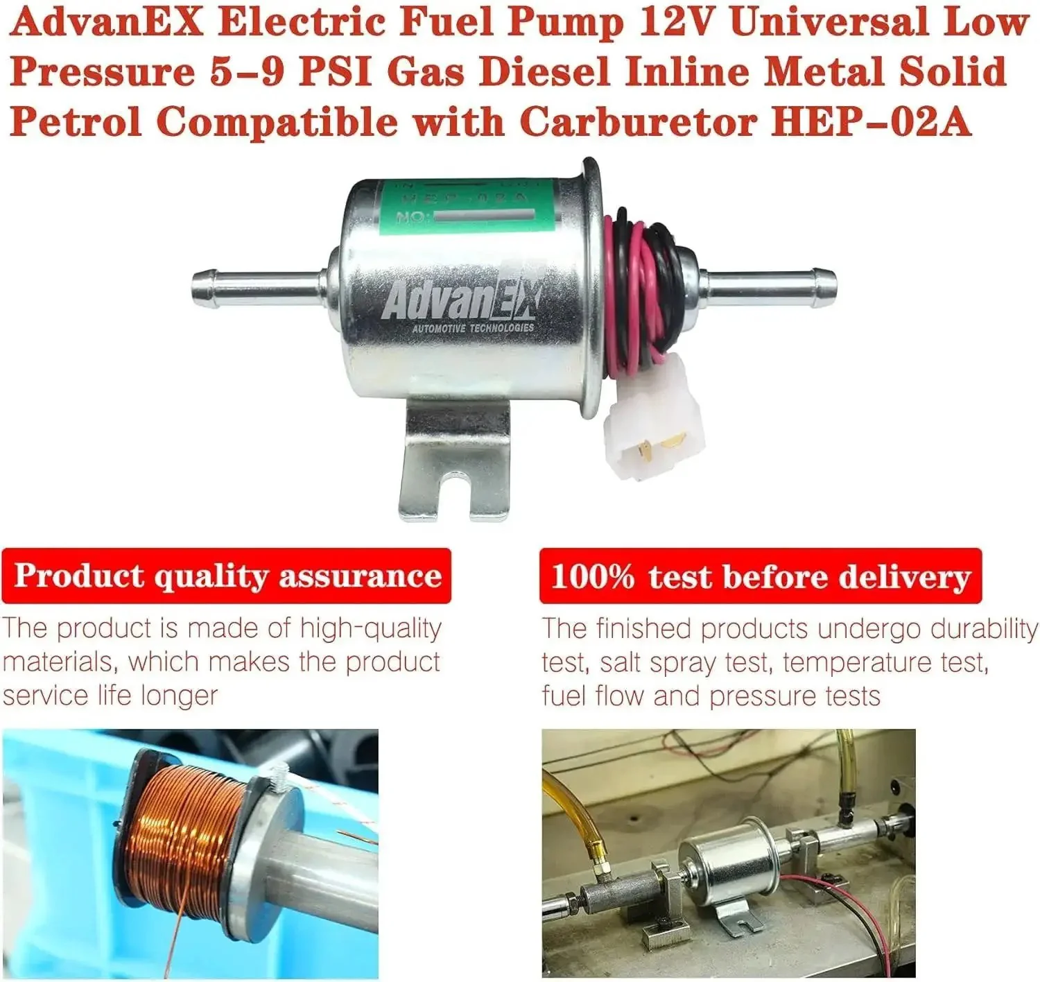 12V Inline Electric Fuel Pump Low Pressure 5-9 PSI For Gas And Diesel Universal Fit Metal Solid Body Compatible With Carburetors For Cars Trucks Boats Lawn Mowers Generators Forklifts HEP-02A - Image 5