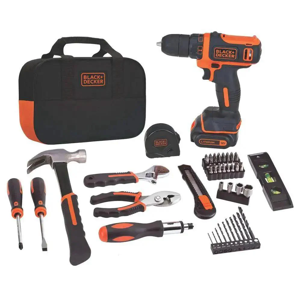12V Max Drill And Home Tool Kit 60 Piece Set With Compact Lithium Ion Drill Driver LED Work Light Mid Handle Comfort Long Lasting Battery Value Over 125 Dollars Ideal For DIY Projects And Quick Home Repairs