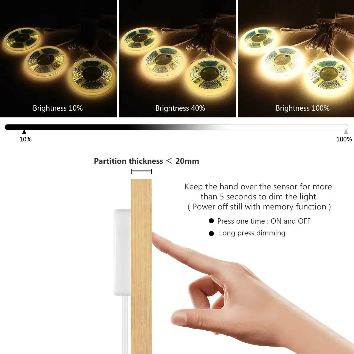 12V Modular COB LED Cabinet Light Strips, 6 X 3.3ft, Touch Dimmer, 3000K Warm Glow, Hidden Sensor, Easy Install, Perfect For Display Cabinets, Wardrobes, Shelves, Wood Slat Wall Panels, And Showcases - Image 7