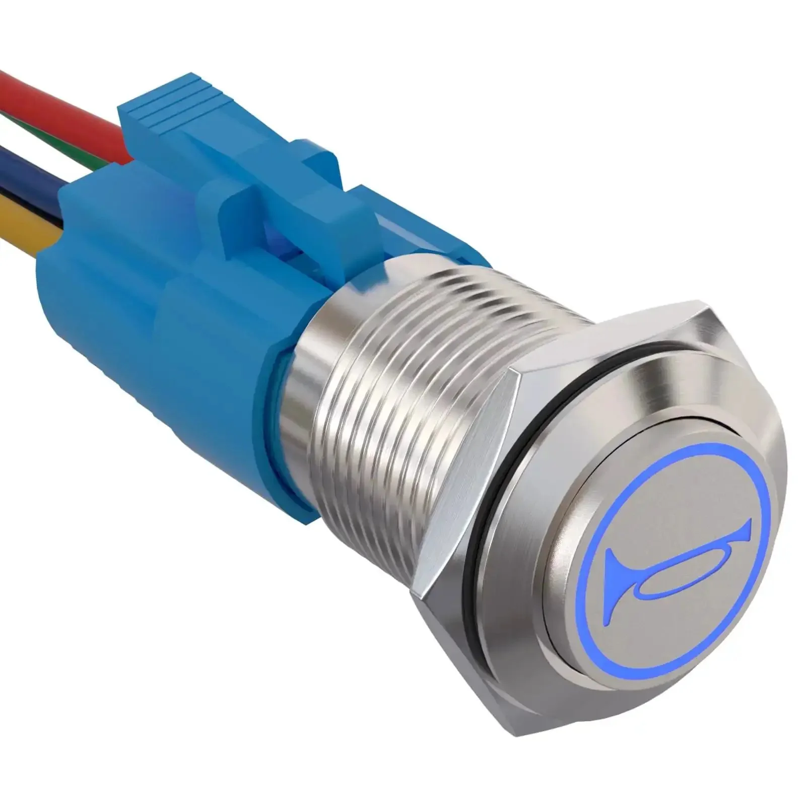 12V Momentary Horn Push Button Switch With 19mm Mounting Hole Three Quarters Inch SPDT 1NO 1NC Pre Wiring Socket For Car Auto Motorcycle Blue LED Illuminated