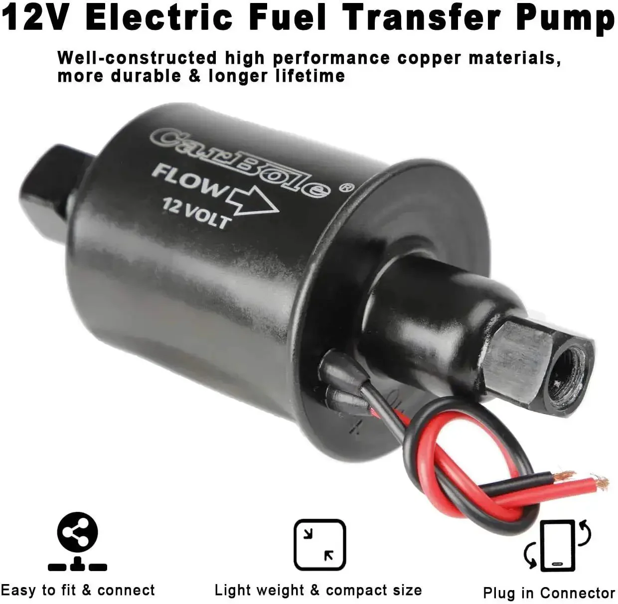 12V Universal Electric Fuel Pump With 5 To 9 PSI Output And 30 GPH Flow For Gasoline And Diesel Transfer Five Sixteenth Inch Inlet And Outlet, Ideal For Carburetor Engines, Not Suitable For E85 Ethanol Methanol Or Race Fuel, Black - Image 3