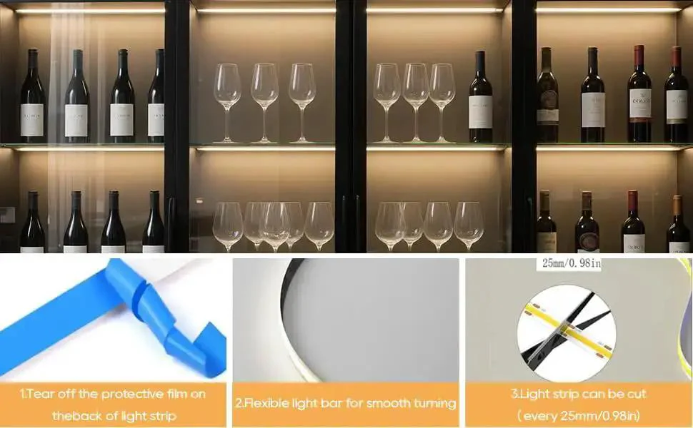 12V Warm White COB LED Strip Light Kit With 6.56Ft Length Self Adhesive Mount Parallel COB LEDs For Bright Even Lighting No Dark Spots Dimmable Touch Sensor Switch Ideal Under Cabinet Lighting Wood Slat Panels Display And Cabinet Lighting - Image 4