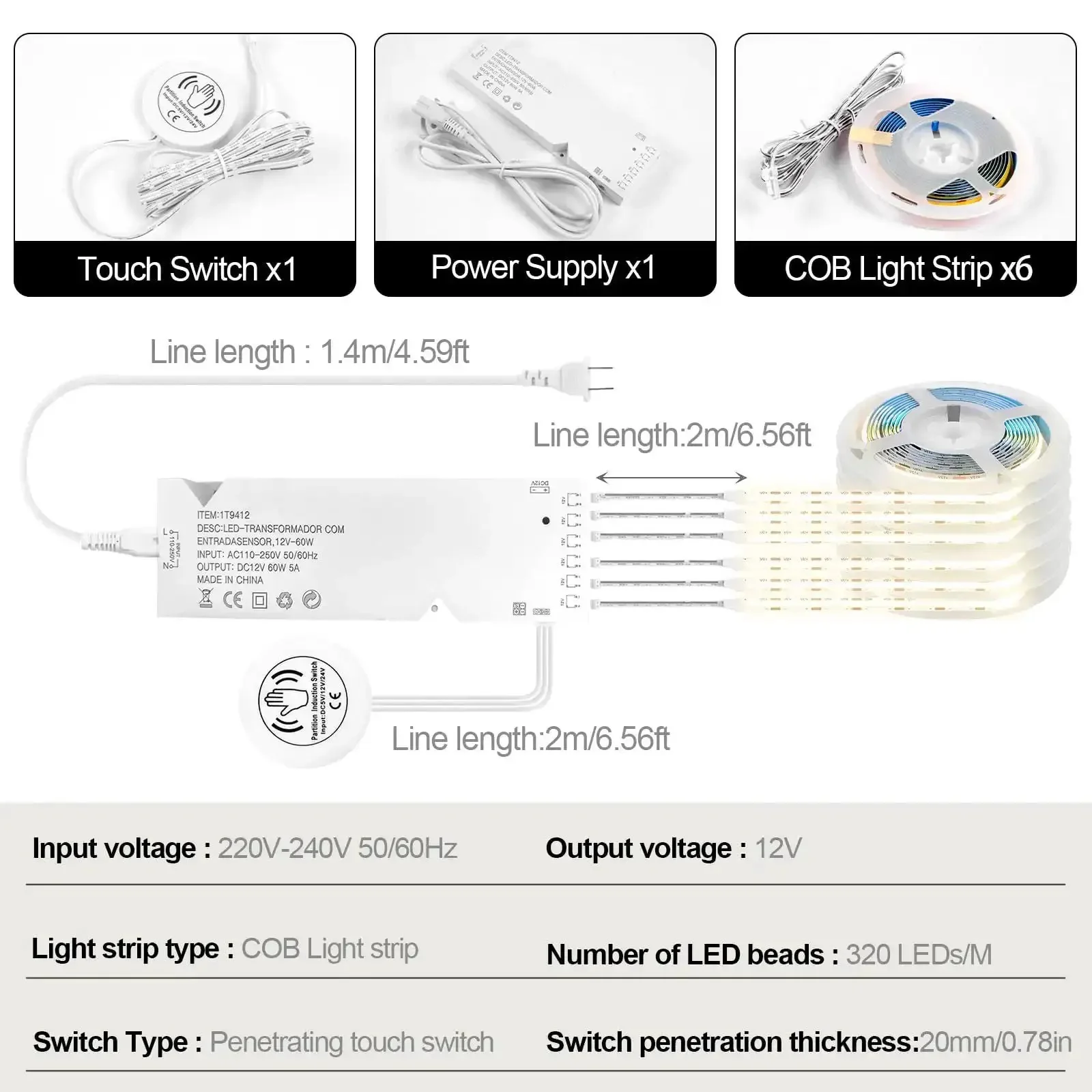 12V Warm White COB LED Strip Light Kit With 6.56Ft Length Self Adhesive Mount Parallel COB LEDs For Bright Even Lighting No Dark Spots Dimmable Touch Sensor Switch Ideal Under Cabinet Lighting Wood Slat Panels Display And Cabinet Lighting - Image 5