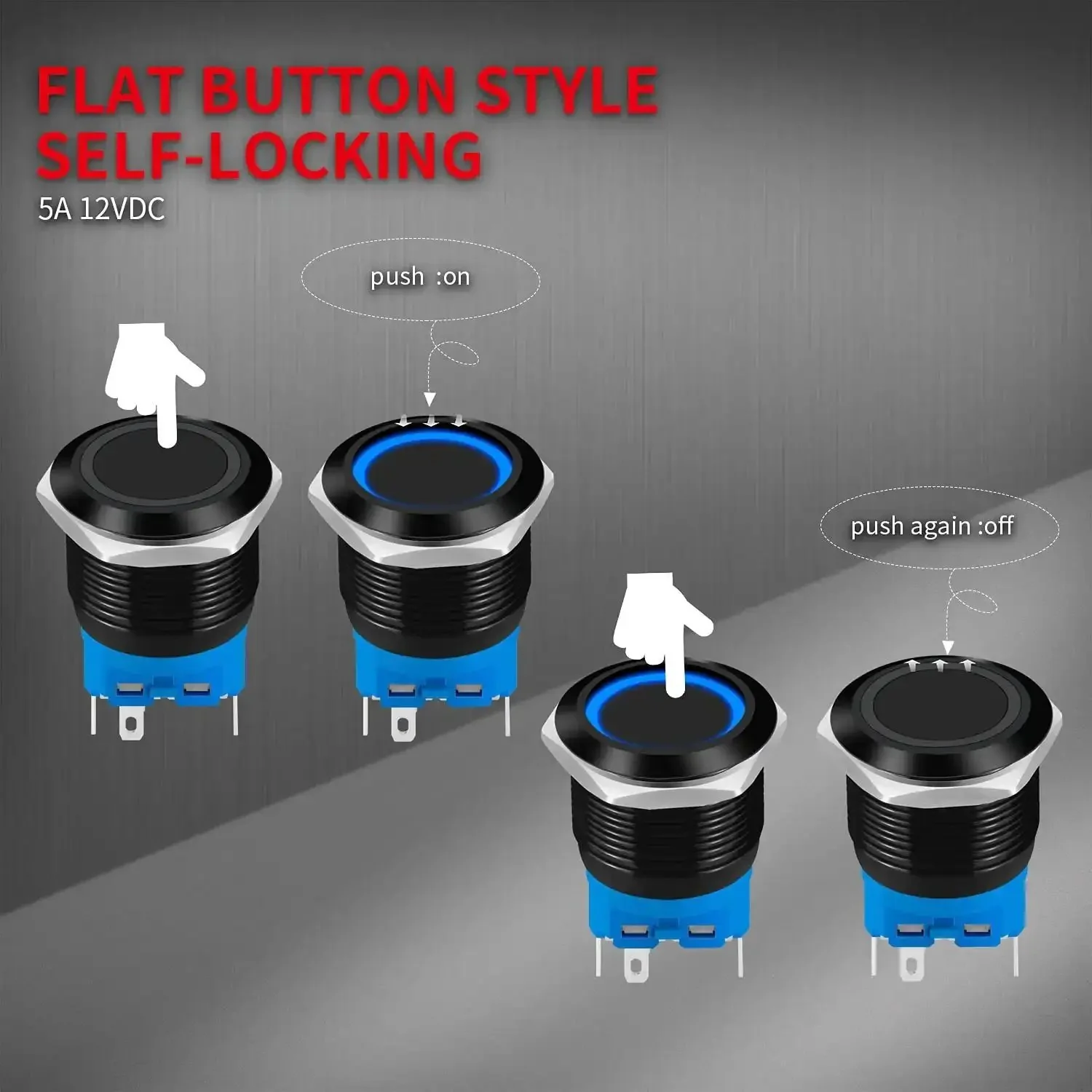 12V Waterproof 22mm Latching Push Button Switch With Blue LED, Metal Panel Mount SPDT Maintained On Off Button 1NC 1NO Marine Grade, 5A 12VDC, IP65 Waterproof, Beefy Dash Ready 2 Pack - Image 4