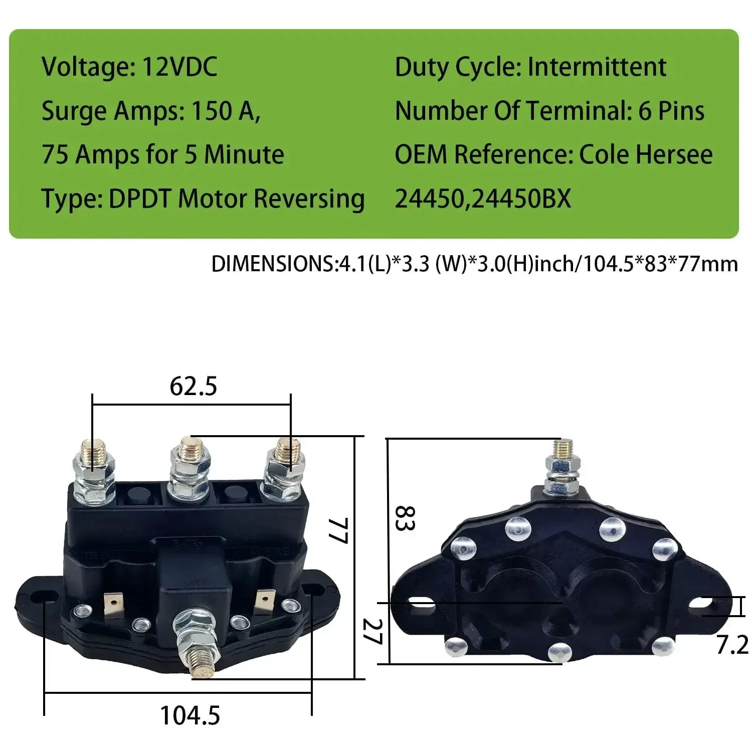 12V Workhorse Winch Reversing Solenoid Switch DPDT Contactor Relay 6 Terminal With Reverse Polarity 75A Heavy Duty Continuous 150A Surge Dynamic Braking Replaces Trombetta 214-1211A11 214-1231-A11 24450 - Image 4