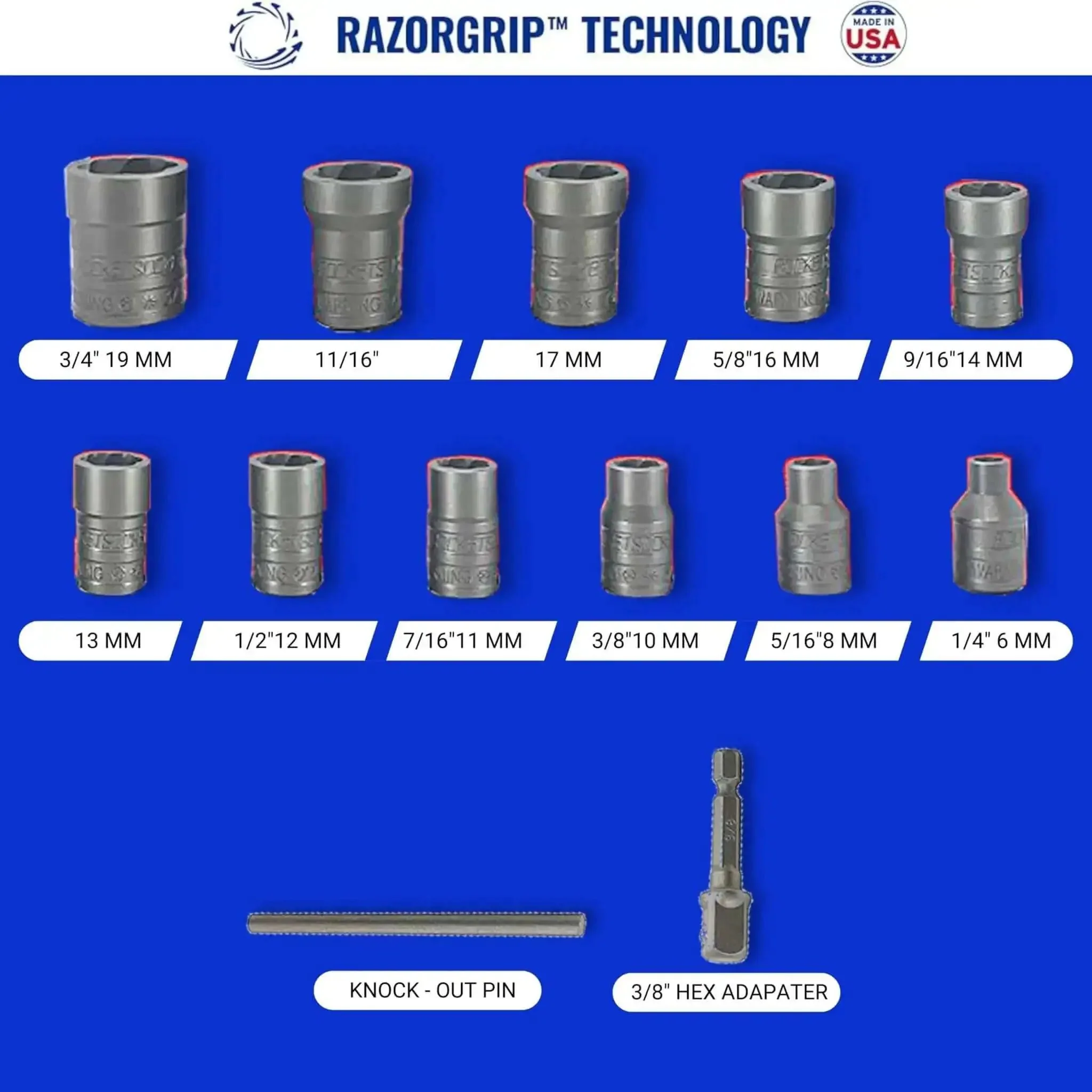 13 Piece Bolt Extractor Set Made In USA With Three Eighths Inch Drive For Stripped, Rounded, Or Frozen Bolts And Nuts Includes Impact Grade Lug Nut And Bolt Remover Sockets Built From High Grade American Drawn Steel - Image 2