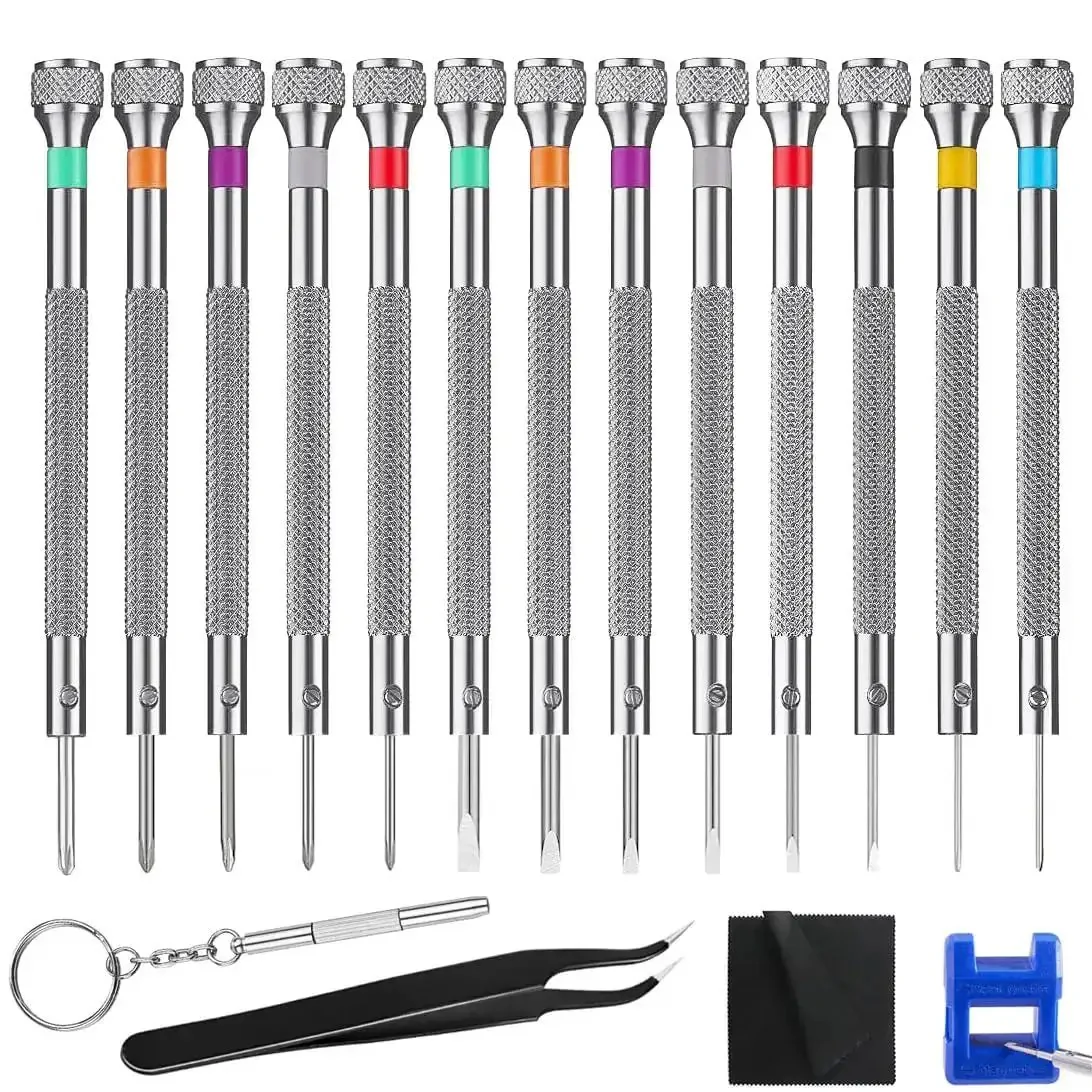 13 Piece Professional Watch Screwdriver Set With Micro Precision Bits For Eyeglasses, Jewelry, Computer And Phone Repair, Includes Flathead And Phillips Tips Ranging From 0.6mm To 2.0mm, Small But Mighty Tool Kit