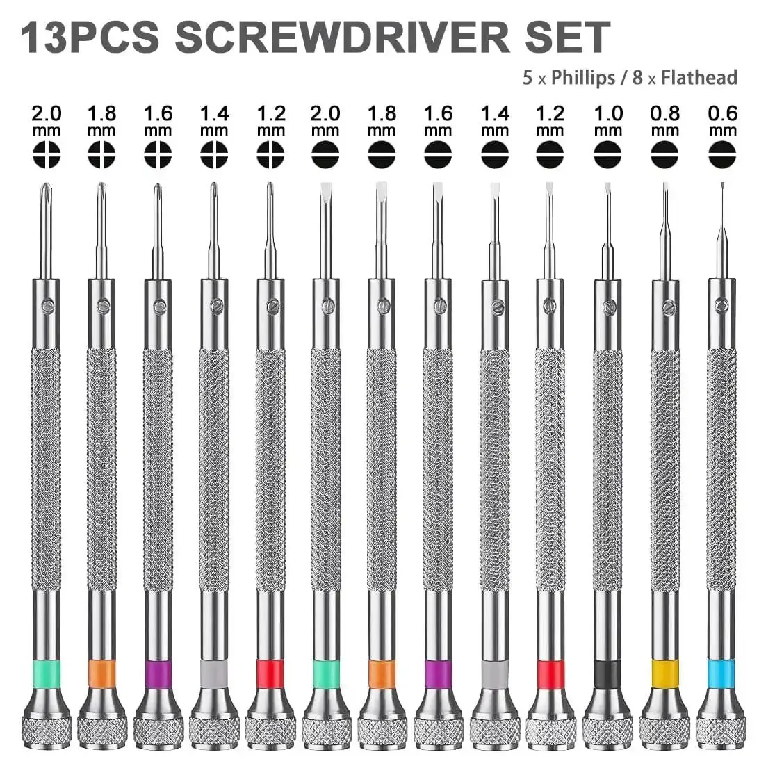 13 Piece Professional Watch Screwdriver Set With Micro Precision Bits For Eyeglasses, Jewelry, Computer And Phone Repair, Includes Flathead And Phillips Tips Ranging From 0.6mm To 2.0mm, Small But Mighty Tool Kit - Image 4