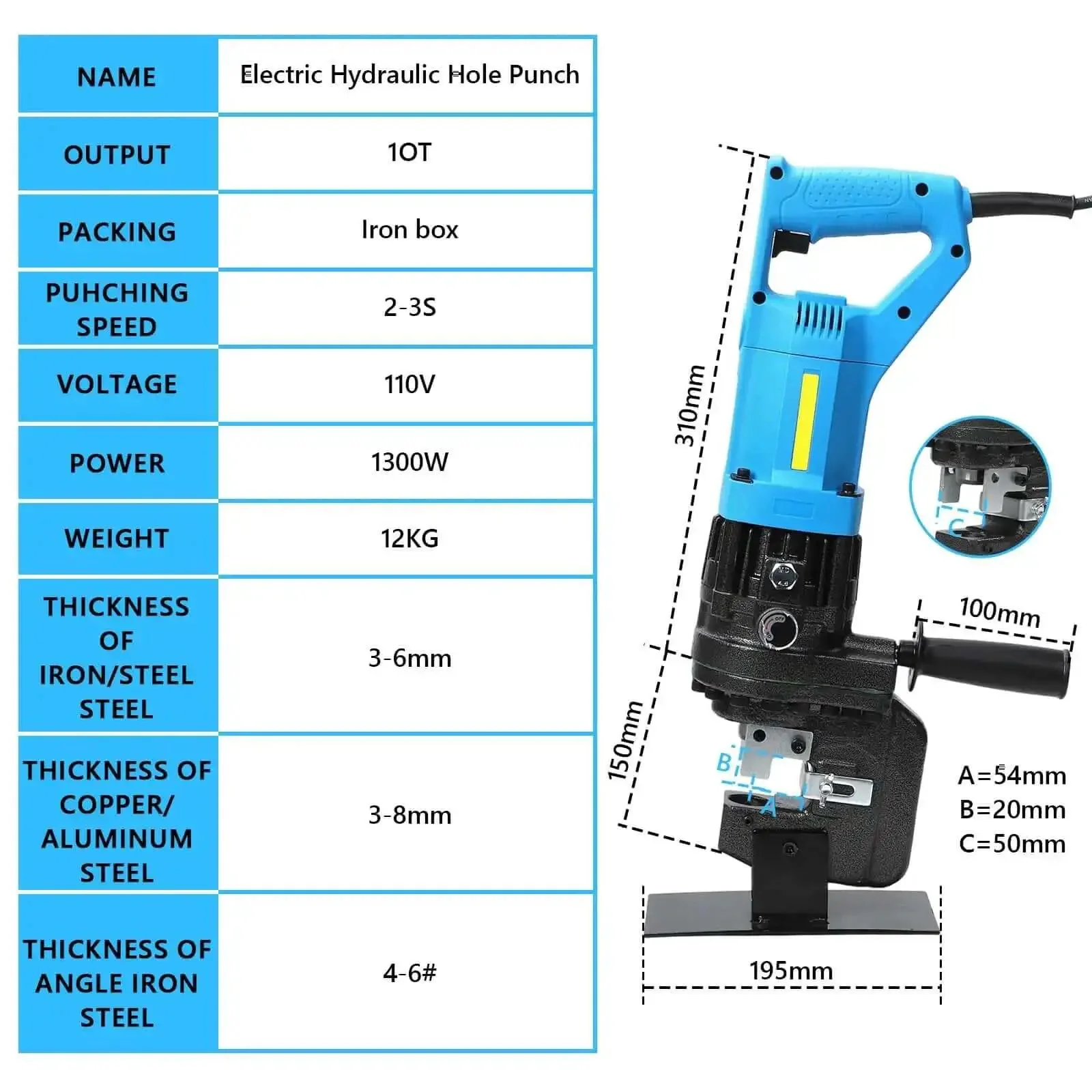 1300W Electric Hydraulic Hole Puncher For Metal And Steel Plates 110V 50Hz 10T Output Punch Tool Heavy Duty Beefy Workhorse Punching Machine For Iron Copper Aluminum Plate Work - Image 6