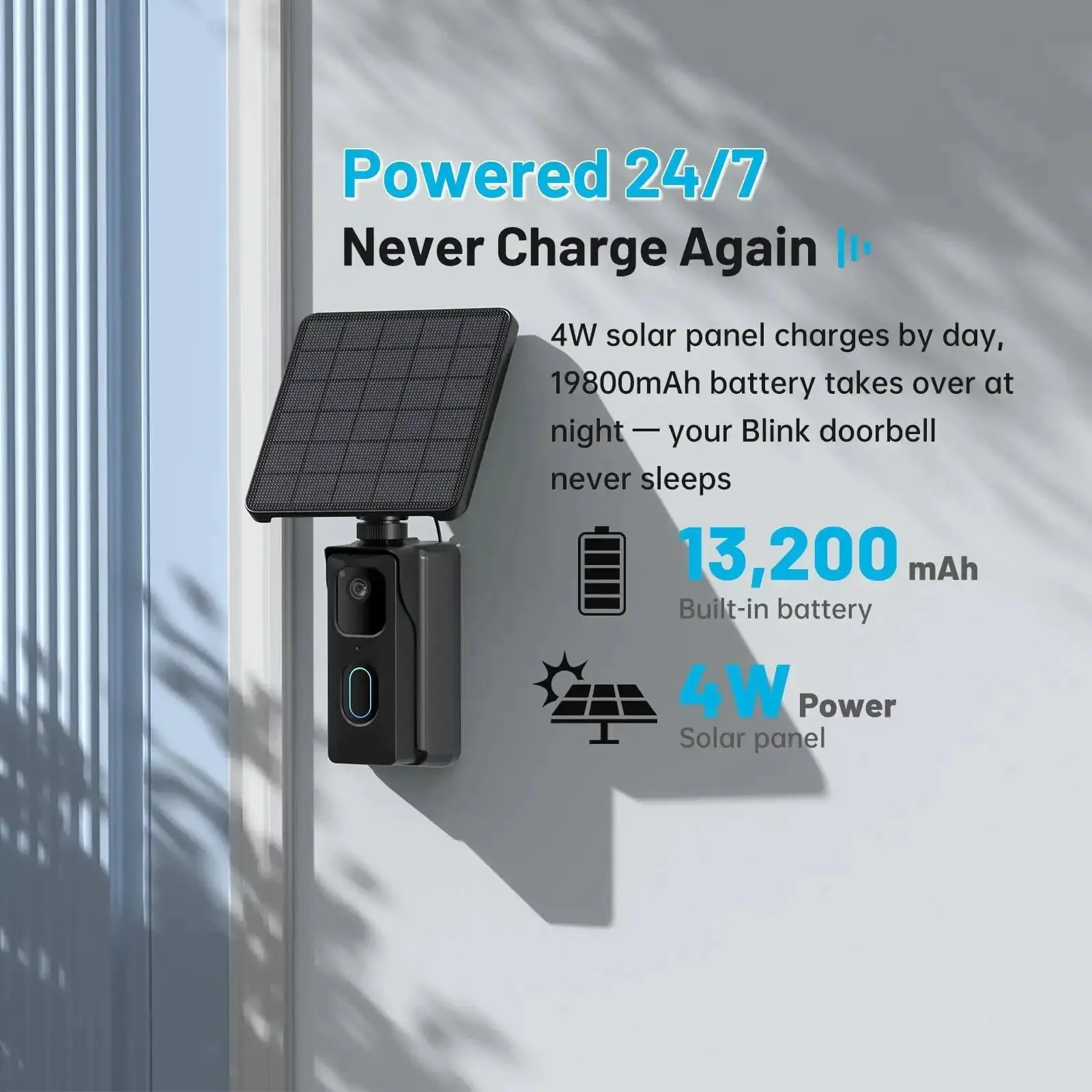 13200mAh Solar Charging Base Station For Blink Doorbell 2nd Gen, 4W High Efficiency Solar Panel, IP67 Waterproof Outdoor Power Supply For Continuous Operation, No More Battery Swaps, Set It And Forget It - Image 2