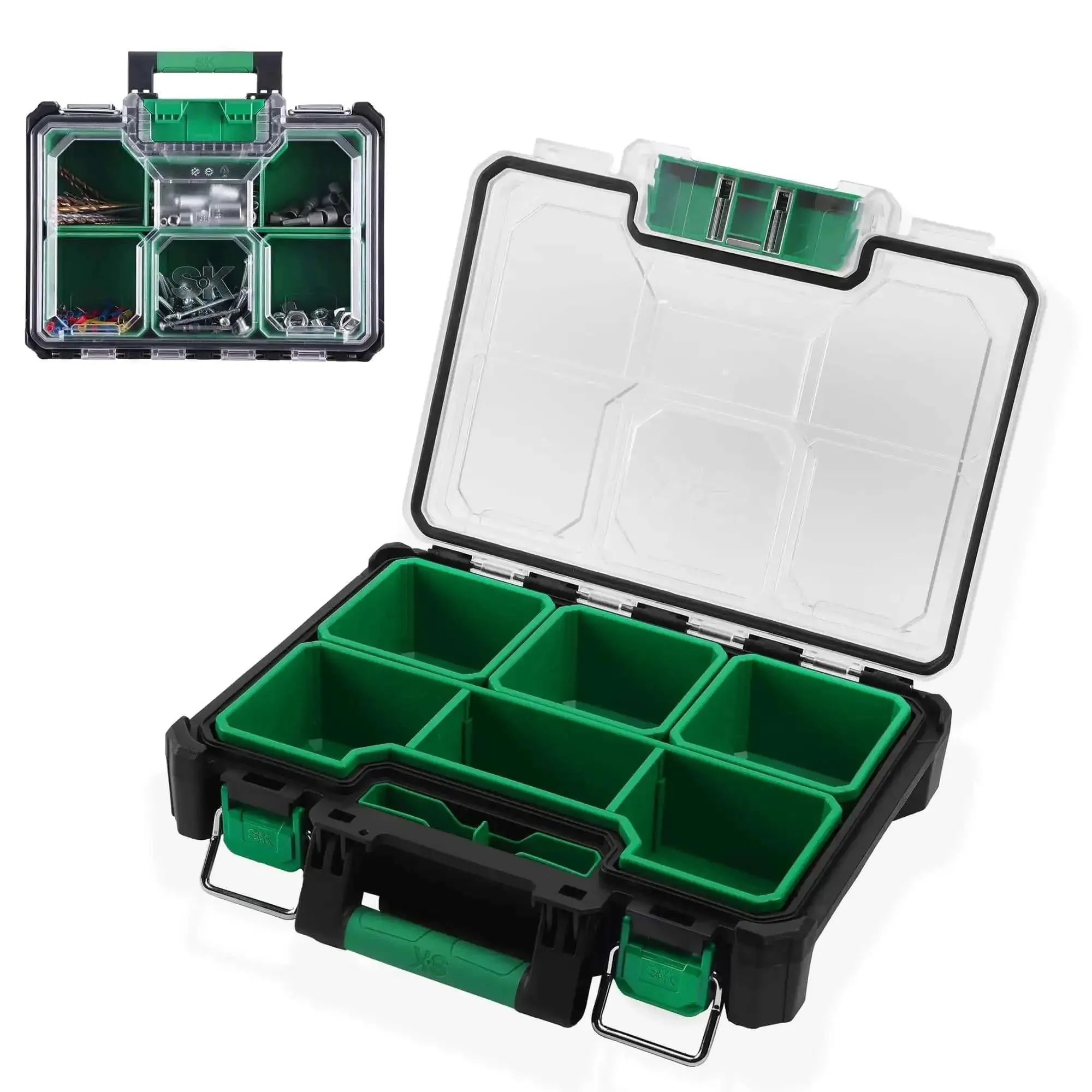 13.5 Inch Small Parts Organizer Box With Stackable Design, 7 Compartments And Removable Dividers, Clear Lid, IP65 Waterproof And Tough-As-Nails Impact-Resistant Case For Your Small Tools And Gear