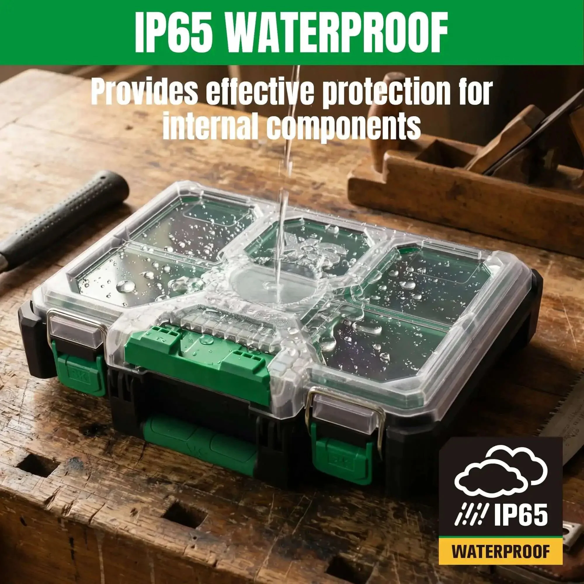 13.5 Inch Small Parts Organizer Box With Stackable Design, 7 Compartments And Removable Dividers, Clear Lid, IP65 Waterproof And Tough-As-Nails Impact-Resistant Case For Your Small Tools And Gear - Image 5