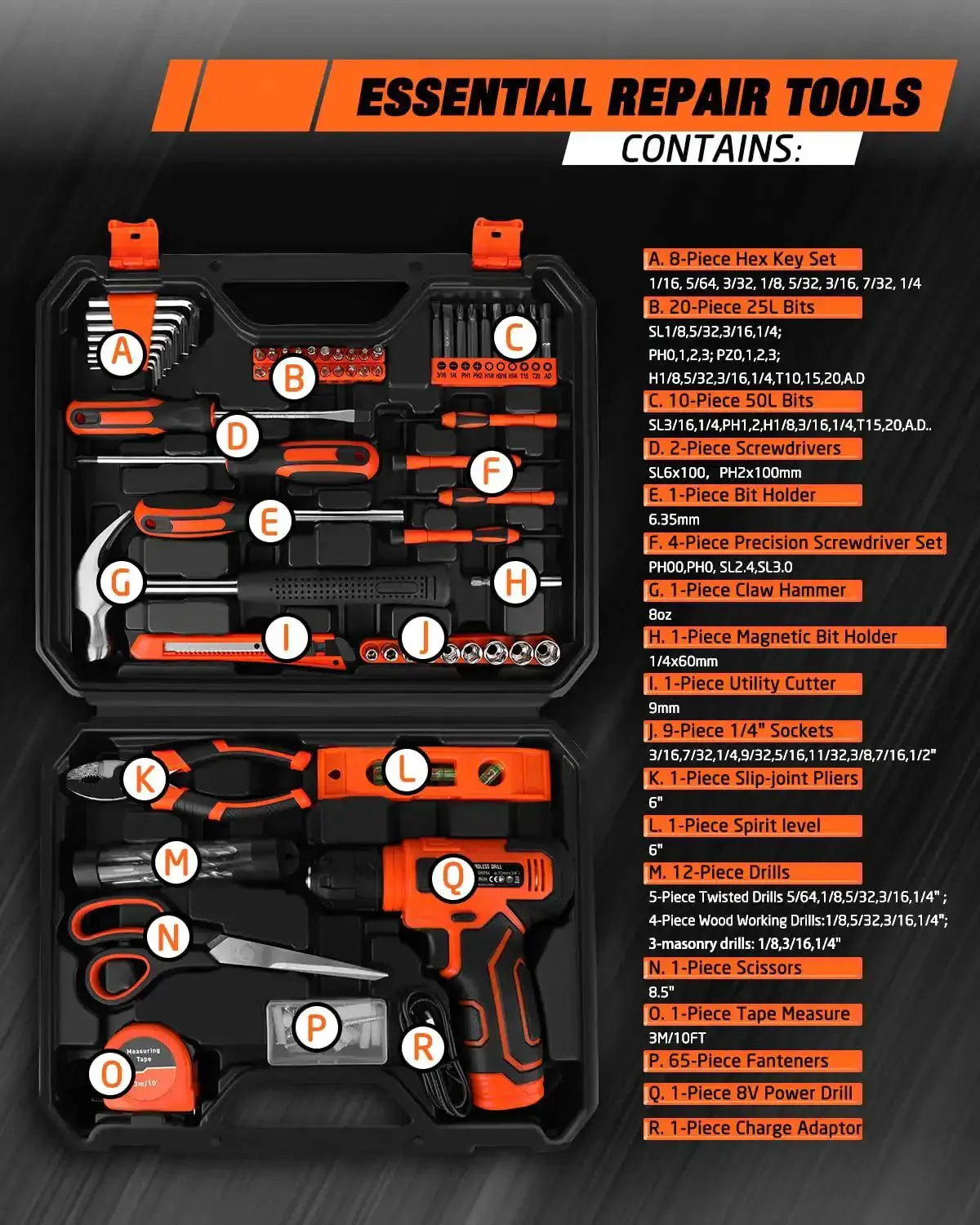139 Piece Tool Set With 8V Cordless Drill Driver In Sturdy Toolbox Case Must Have Home Repair Kit For DIY Projects Handyman Ready General Household Tools For Quick Fixes And Projects - Image 9