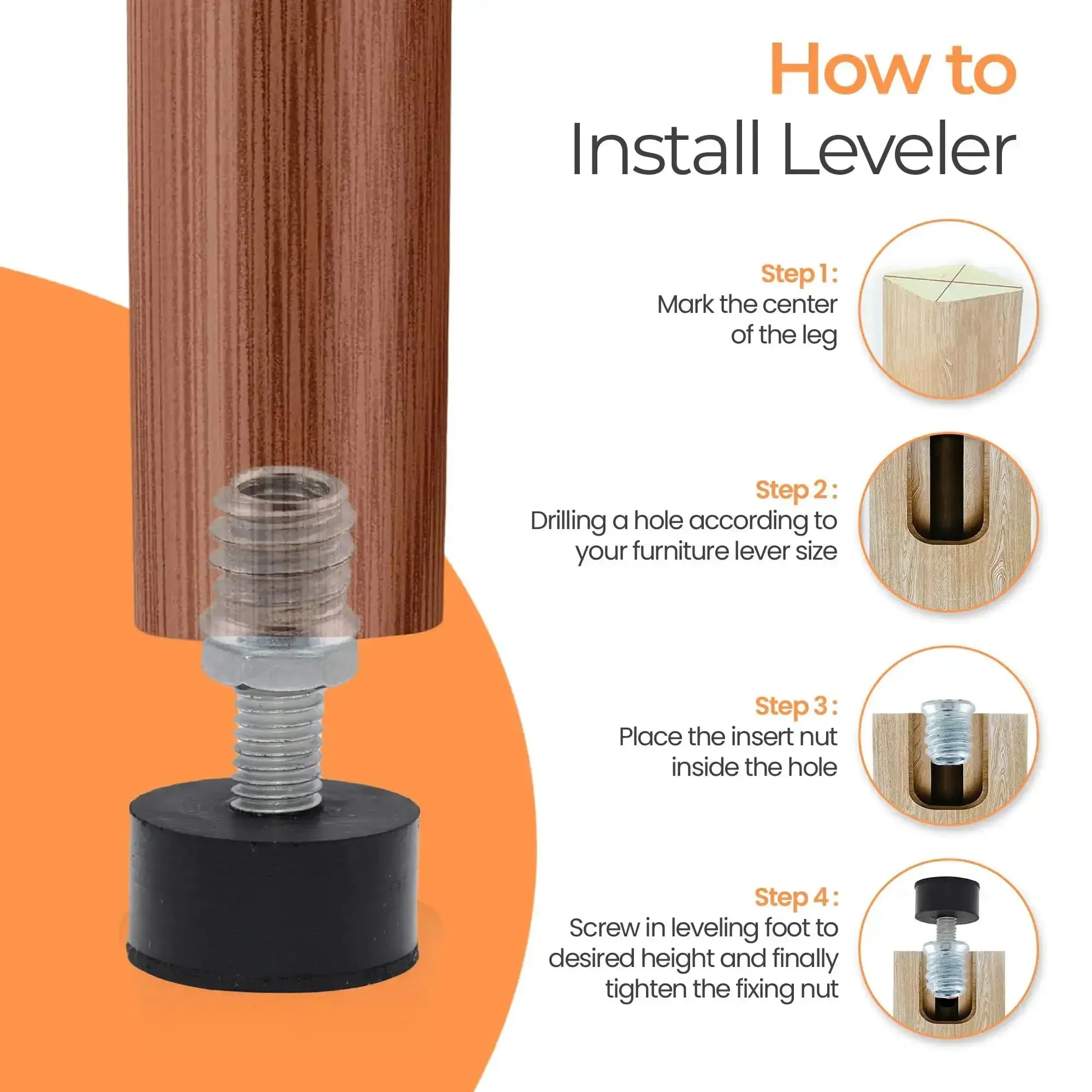 1/4-20 Rubber Adjustable Furniture Levelers, Eight Pack Leveling Feet Screws for Threaded Furniture Legs, Screw On Glide for Tables, Chairs, and Desks, No Slip, Easy Install, Built Tough for Home and Office - Image 3