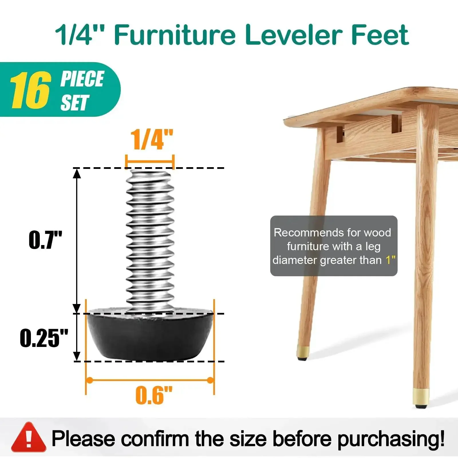 1/4-20 UNC Thread Adjustable Furniture Levelers And Table Feet, Screw-In Foot Glides For Leveling Tables, Chairs, And All Furniture Legs, 16 Pcs, Durable Easy-Install Pack For Home, Shop, And Garage Use - Image 6