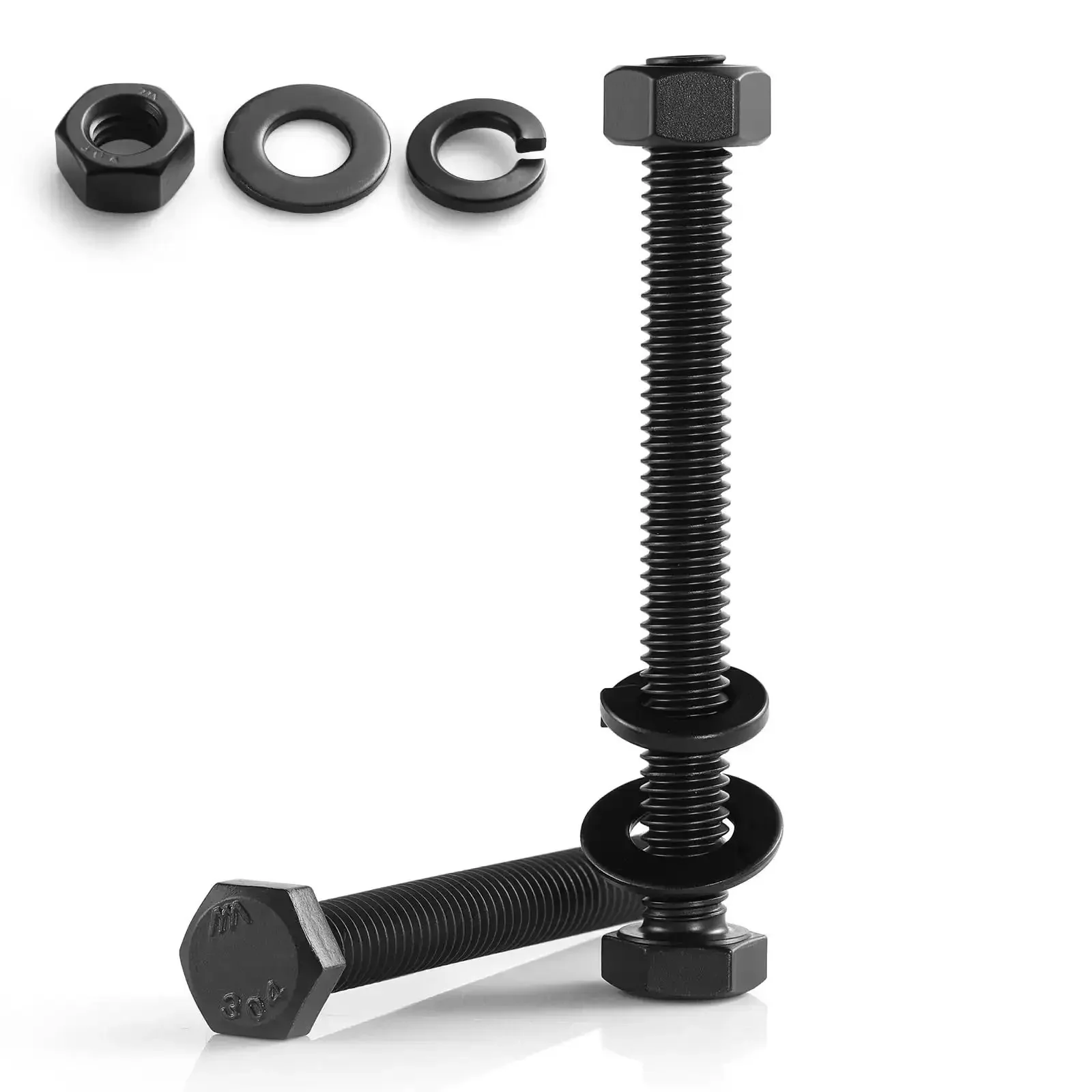 1/4-20 X 6 Inch Hex Head Bolts Kit With Nuts, Flat And Lock Washers, Fully Threaded Black Zinc Plated 304 Stainless Steel 18-8 Set For Heavy Duty Fastening, Furniture, Metalworking And DIY Projects 8 Sets