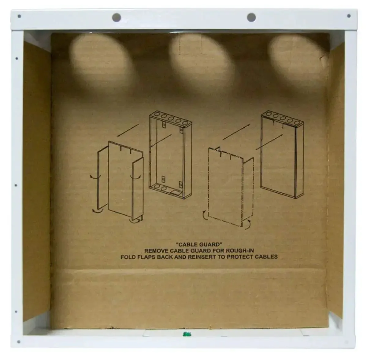 14 Inch In Wall Cable Management Media Box With 20 Gauge Steel Enclosure For Structured Wiring 2.5 Inch Wire Openings Glossy White Finish Slick Flanged Screw On Cover For Clean Drywall Look Includes Literature Pouch EN1400 - Image 3