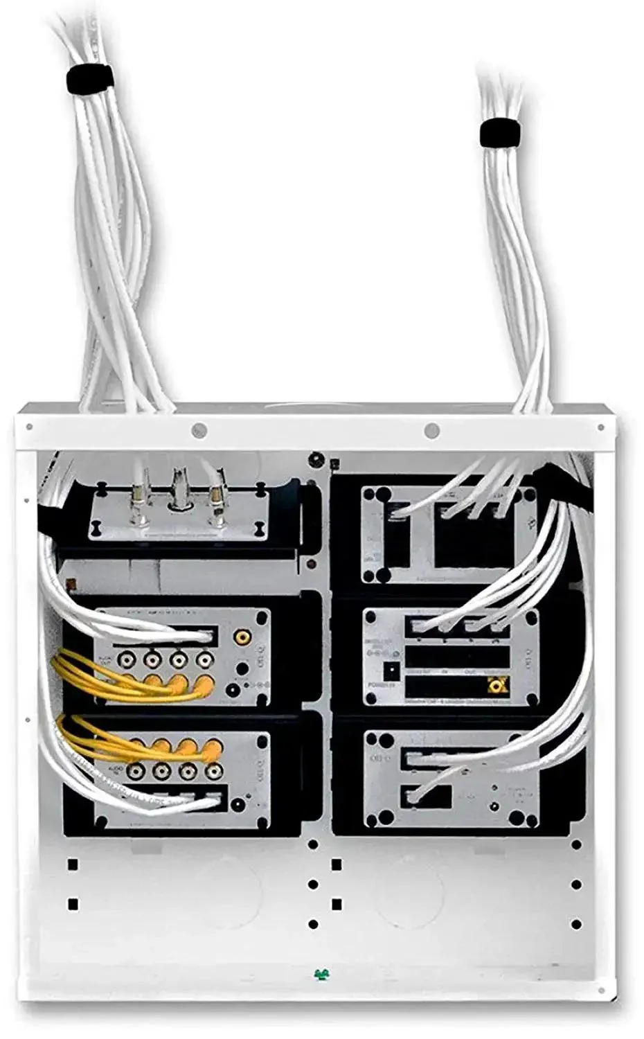 14 Inch In Wall Cable Management Media Box With 20 Gauge Steel Enclosure For Structured Wiring 2.5 Inch Wire Openings Glossy White Finish Slick Flanged Screw On Cover For Clean Drywall Look Includes Literature Pouch EN1400 - Image 9