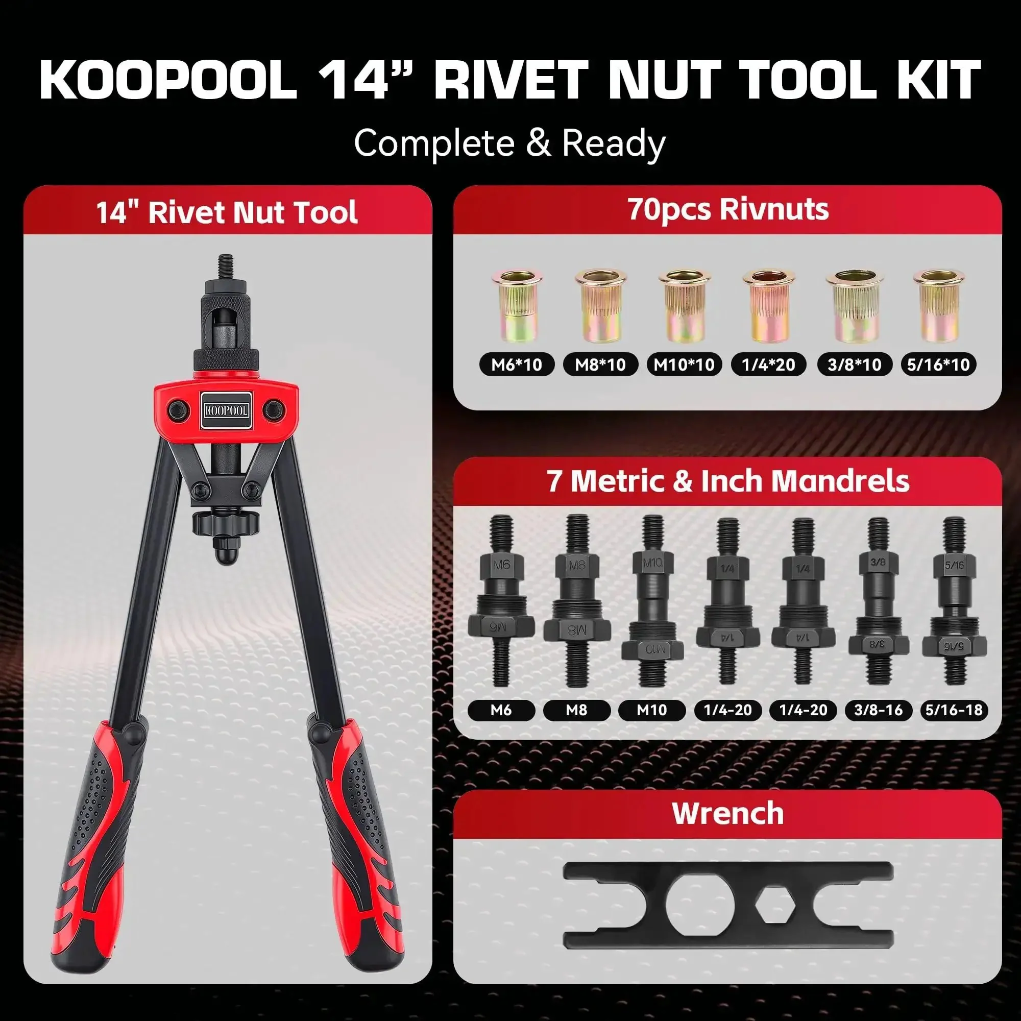 14 Inch Rivet Nut Tool Kit With 7 Mandrels And 70 Rivet Nuts Heavy Duty Nutsert Set In Rugged Carrying Case For Automotive Marine And Construction Projects - Image 9