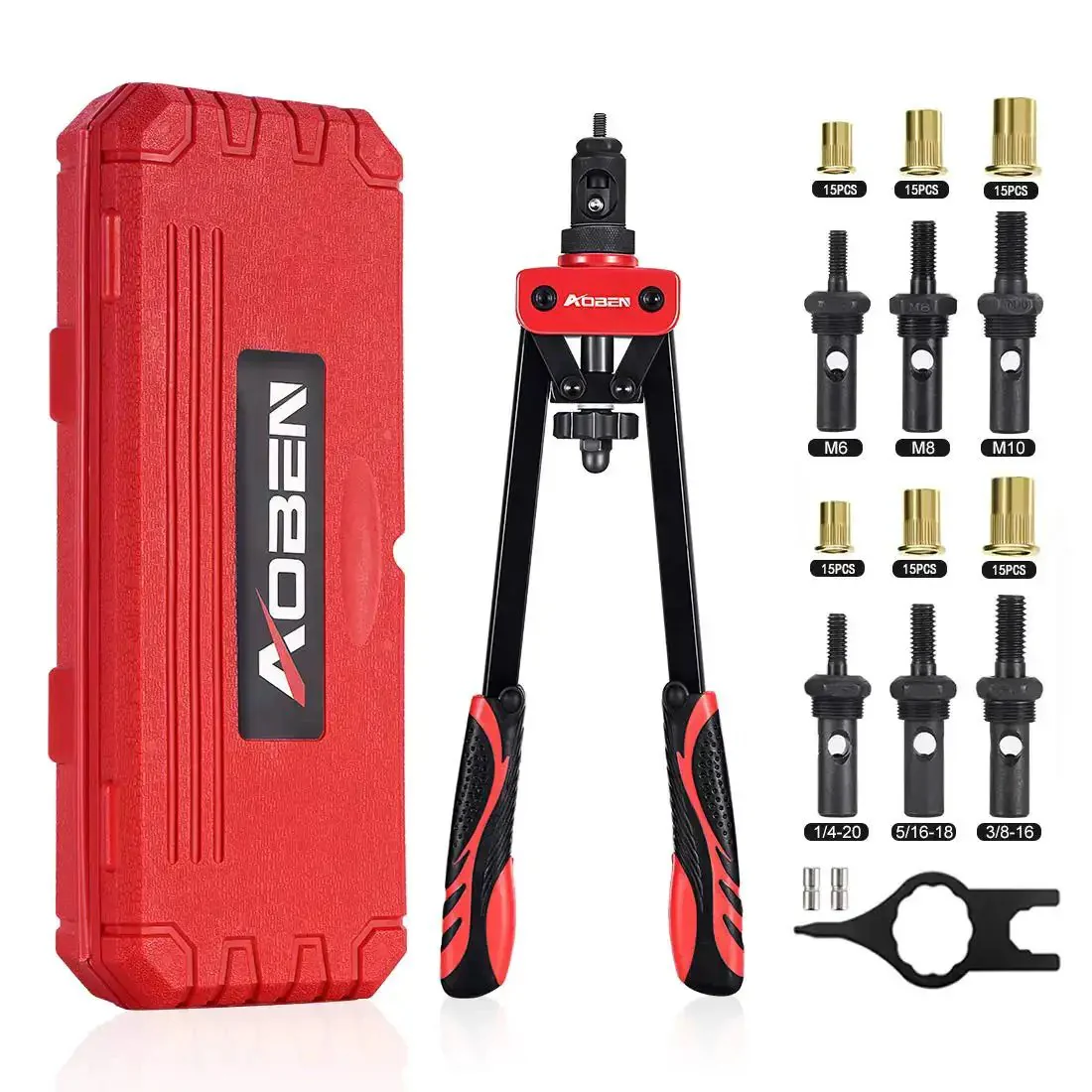 14 Inch Rivet Nut Tool Set With Quick Change Head Six Interchangeable Mandrels Includes 90 Rivnuts And 2 Mandrel Lock Pins Hand Rivet Nut Setter Kit For Quick Labor Saving Compact Design And No Fuss Mandrel Changes