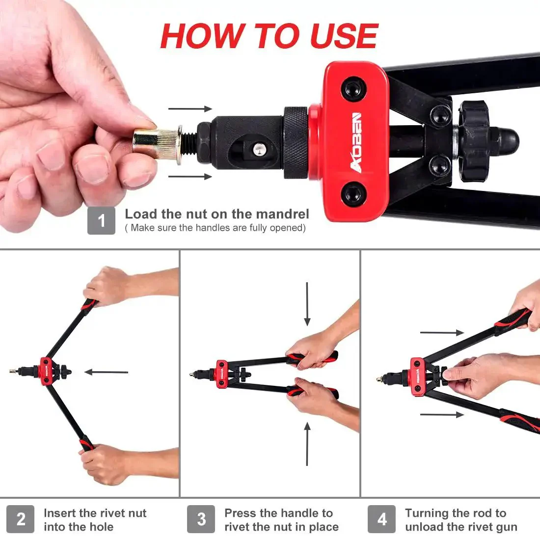 14 Inch Rivet Nut Tool Set With Quick Change Head Six Interchangeable Mandrels Includes 90 Rivnuts And 2 Mandrel Lock Pins Hand Rivet Nut Setter Kit For Quick Labor Saving Compact Design And No Fuss Mandrel Changes - Image 4