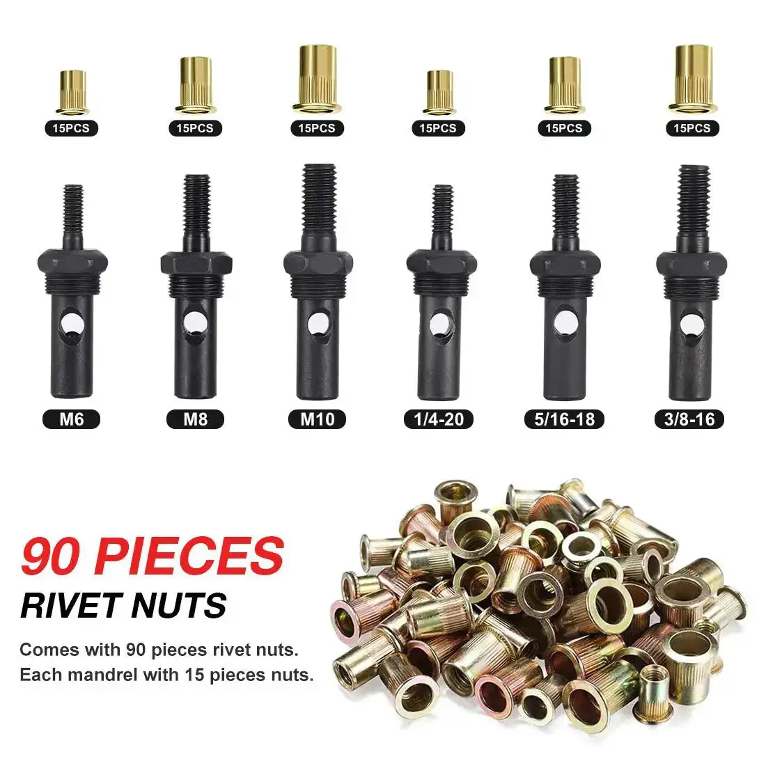14 Inch Rivet Nut Tool Set With Quick Change Head Six Interchangeable Mandrels Includes 90 Rivnuts And 2 Mandrel Lock Pins Hand Rivet Nut Setter Kit For Quick Labor Saving Compact Design And No Fuss Mandrel Changes - Image 6