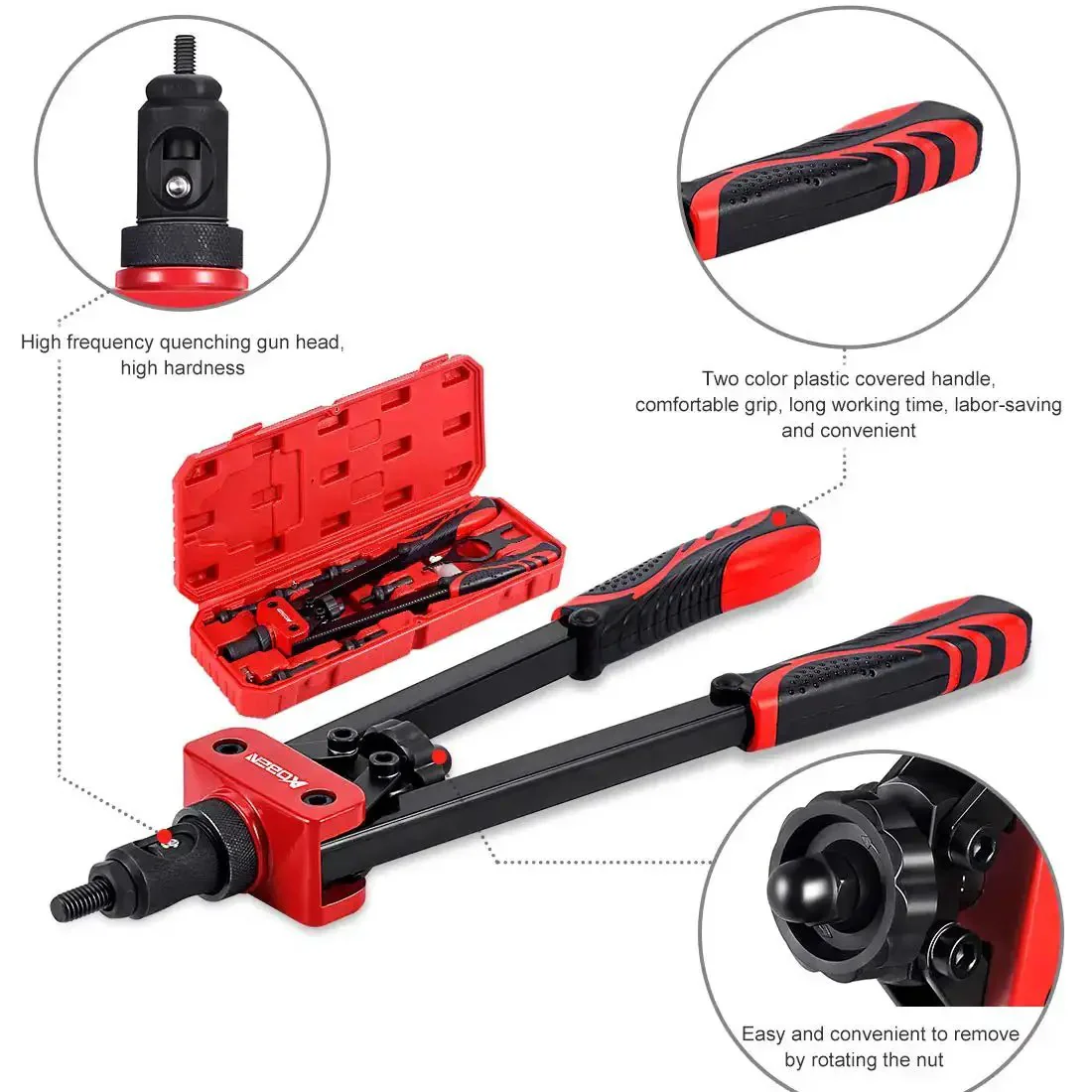 14 Inch Rivet Nut Tool Set With Quick Change Head Six Interchangeable Mandrels Includes 90 Rivnuts And 2 Mandrel Lock Pins Hand Rivet Nut Setter Kit For Quick Labor Saving Compact Design And No Fuss Mandrel Changes - Image 7