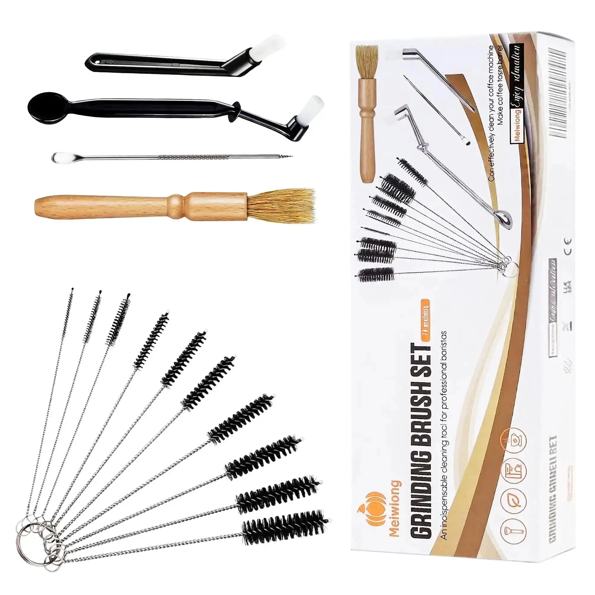 14 Piece Coffee Grinder And Espresso Machine Cleaning Brush Set With Stainless Steel Straw Brushes Long Grip Handle Brush With Spoon Short Cleaning Tool And Coffee Art Stencils Pen For Home Barista Kitchen And Commercial Use