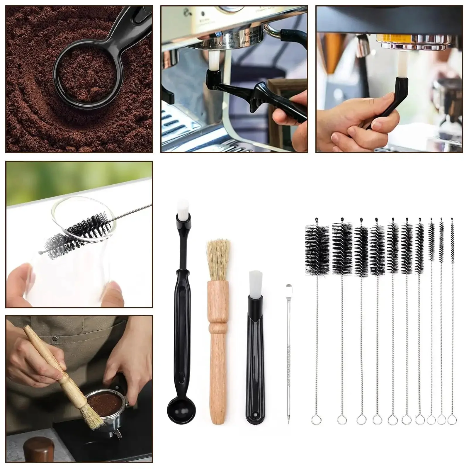 14 Piece Coffee Grinder And Espresso Machine Cleaning Brush Set With Stainless Steel Straw Brushes Long Grip Handle Brush With Spoon Short Cleaning Tool And Coffee Art Stencils Pen For Home Barista Kitchen And Commercial Use - Image 5