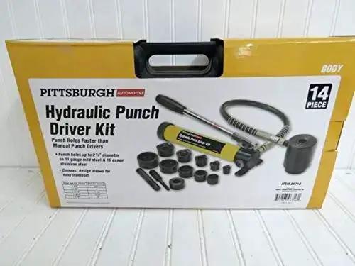 14 Piece Hydraulic Hole Punch Kit For Metal Work Portable Yellow And Black Punch Holes In 11 Gauge Steel And 16 Gauge Stainless Fast Easy And Precise On The Go Tool For Industrial Projects On The Job Site