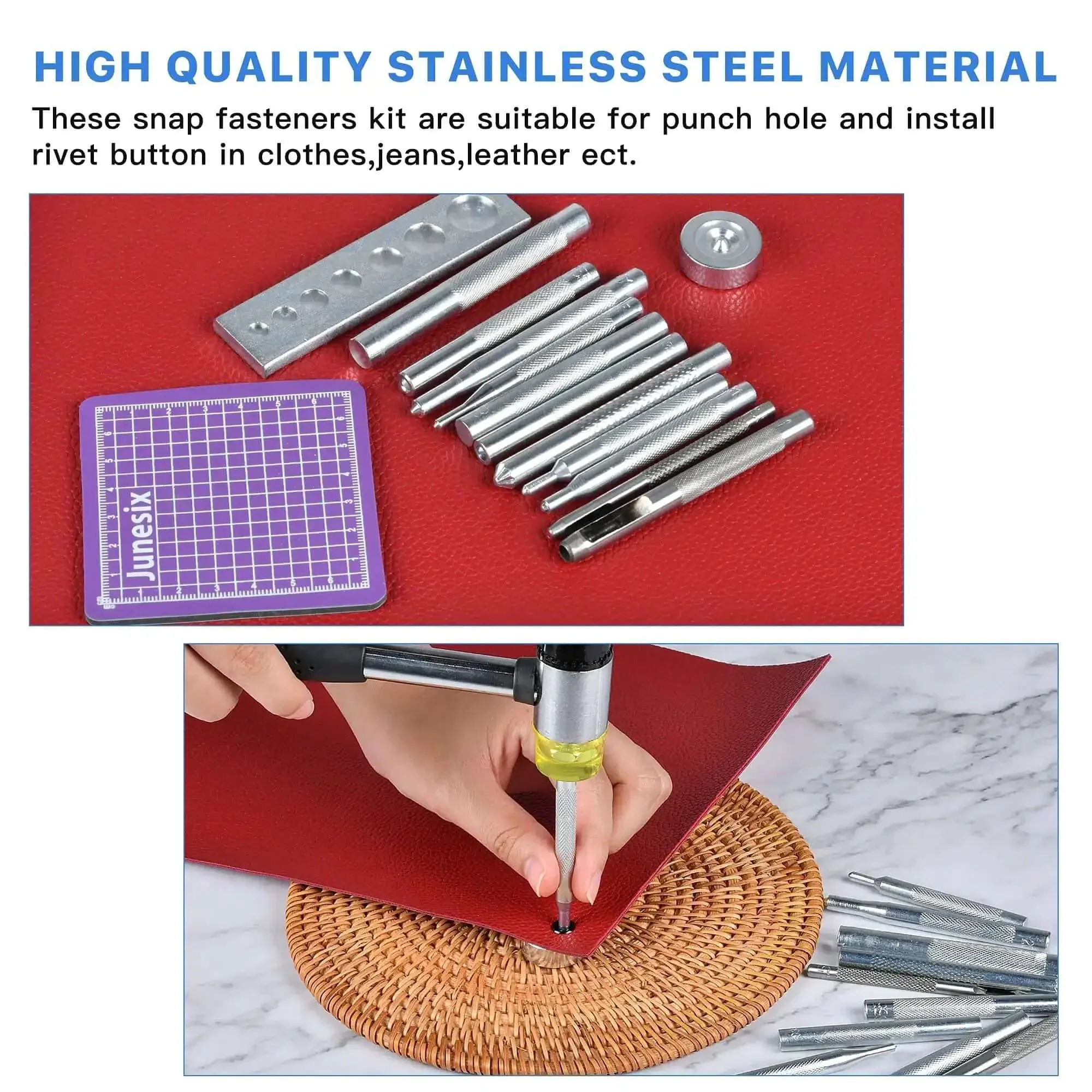 14-Piece Rivet Setter Kit For Leather Work Pro-Grade Stainless Steel Snap Rivet Tools With Non-Slip Base Die Punch Leather Craft Kit For Bags Belts Wallets And DIY Projects - Image 6