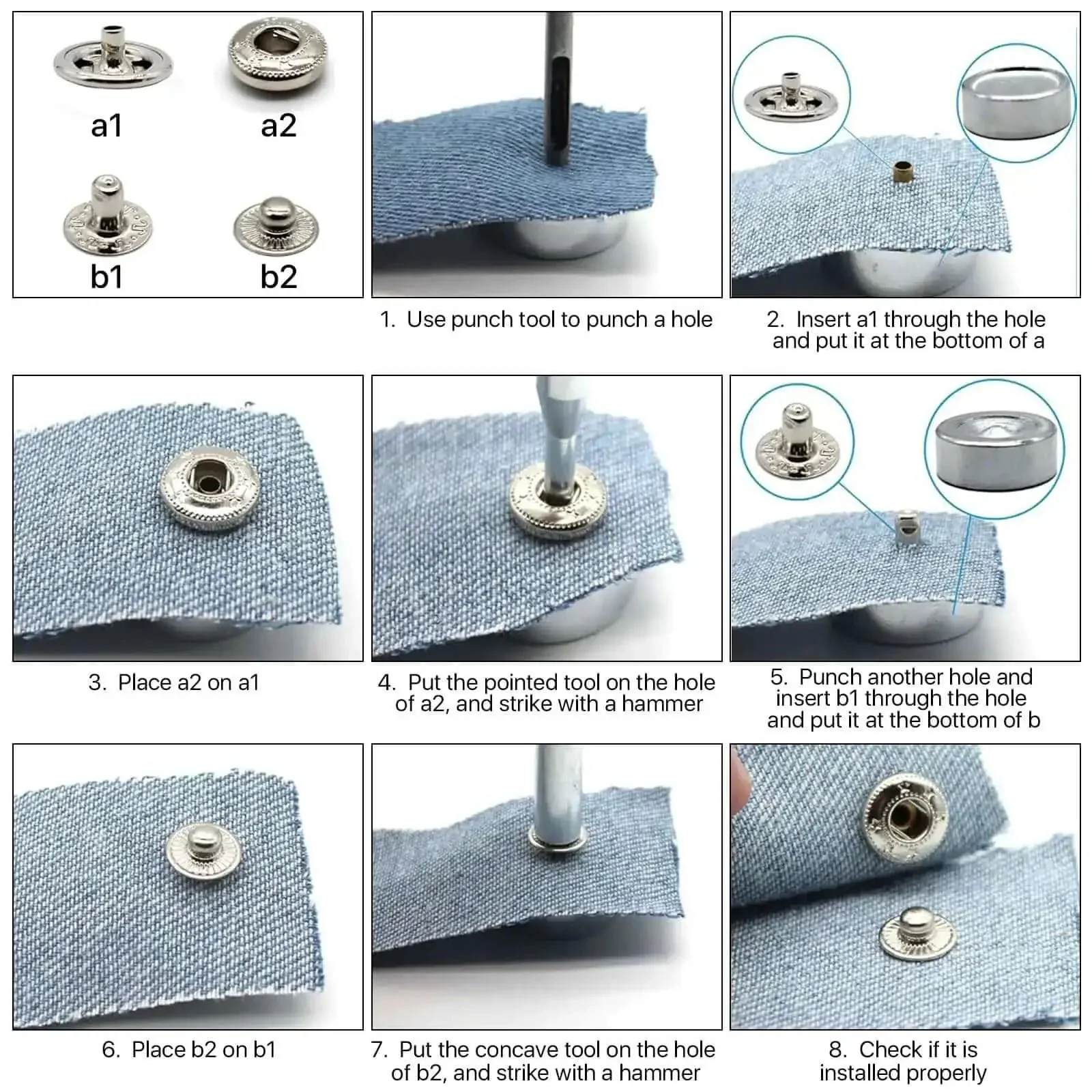 14-Piece Rivet Setter Kit For Leather Work Pro-Grade Stainless Steel Snap Rivet Tools With Non-Slip Base Die Punch Leather Craft Kit For Bags Belts Wallets And DIY Projects - Image 7