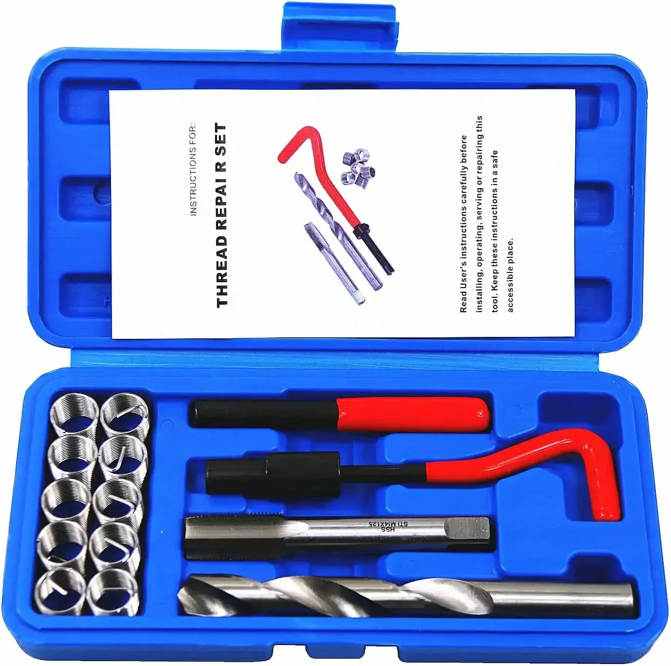 14 Piece Thread Repair Kit For M14 X 1.25mm Threads With High Speed Steel Inserts And Red Handle Auto Repair Must Have For Engine And Mechanical Repairs Durable Hand Tool Set To Fix Damaged Or Worn Threads