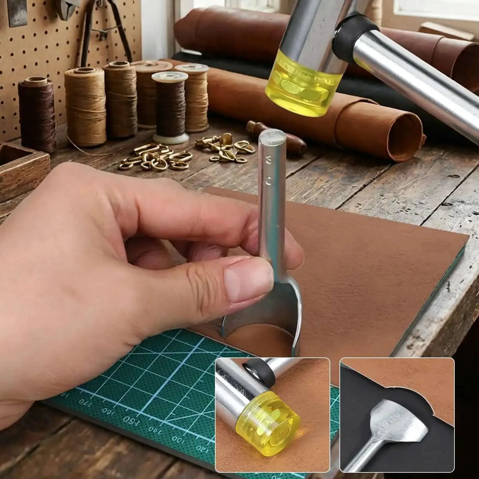 14 Size Leather Corner Punch Set With Half Round And Quarter Round Punches, Rubber Hammer, Arc Shaped Leather Edge Cutter For DIY Wallet, Strap And Belt Making, Includes 10 To 40 mm Punches - Image 5