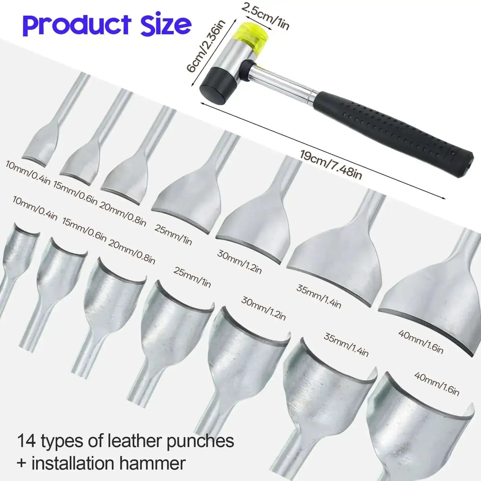 14 Size Leather Corner Punch Set With Half Round And Quarter Round Punches, Rubber Hammer, Arc Shaped Leather Edge Cutter For DIY Wallet, Strap And Belt Making, Includes 10 To 40 mm Punches - Image 7