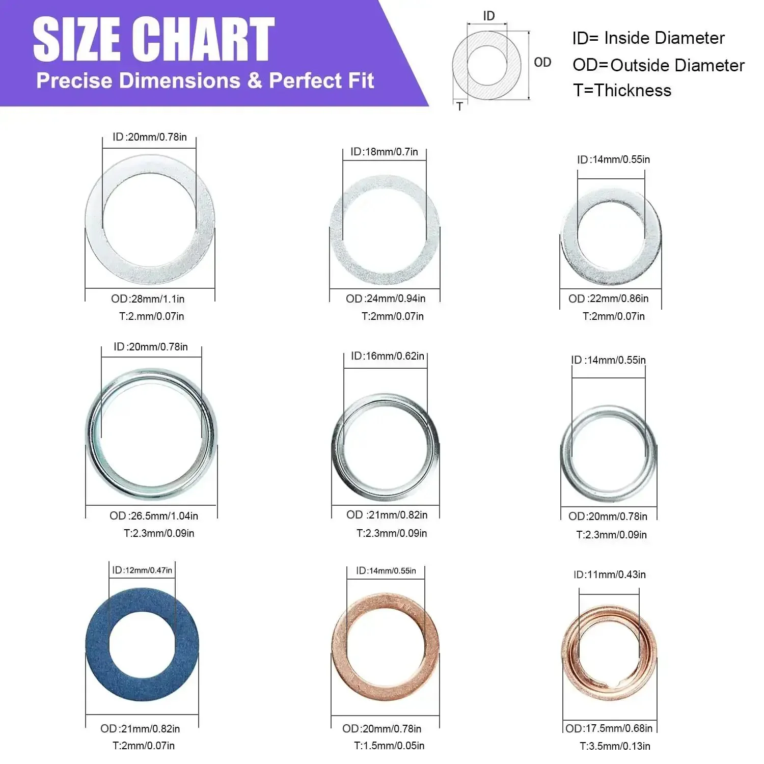140 Pcs Oil Drain Plug Gasket Assortment Kit For Toyota Honda Subaru VW Audi Mercedes Benz With Premium Aluminum Copper Crush Washers And Seals OEM Numbers Included - Image 6