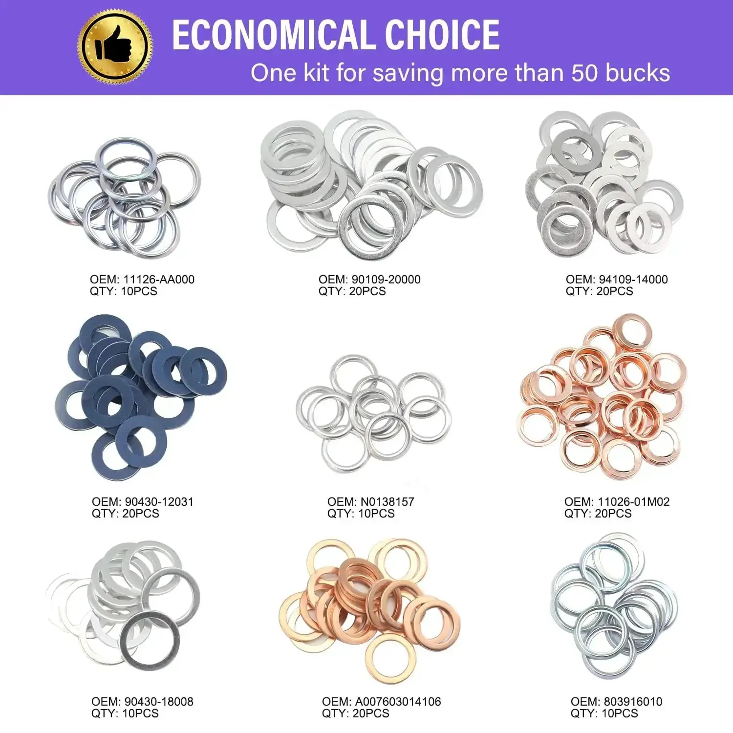 140 Pcs Oil Drain Plug Gasket Assortment Kit For Toyota Honda Subaru VW Audi Mercedes Benz With Premium Aluminum Copper Crush Washers And Seals OEM Numbers Included - Image 7