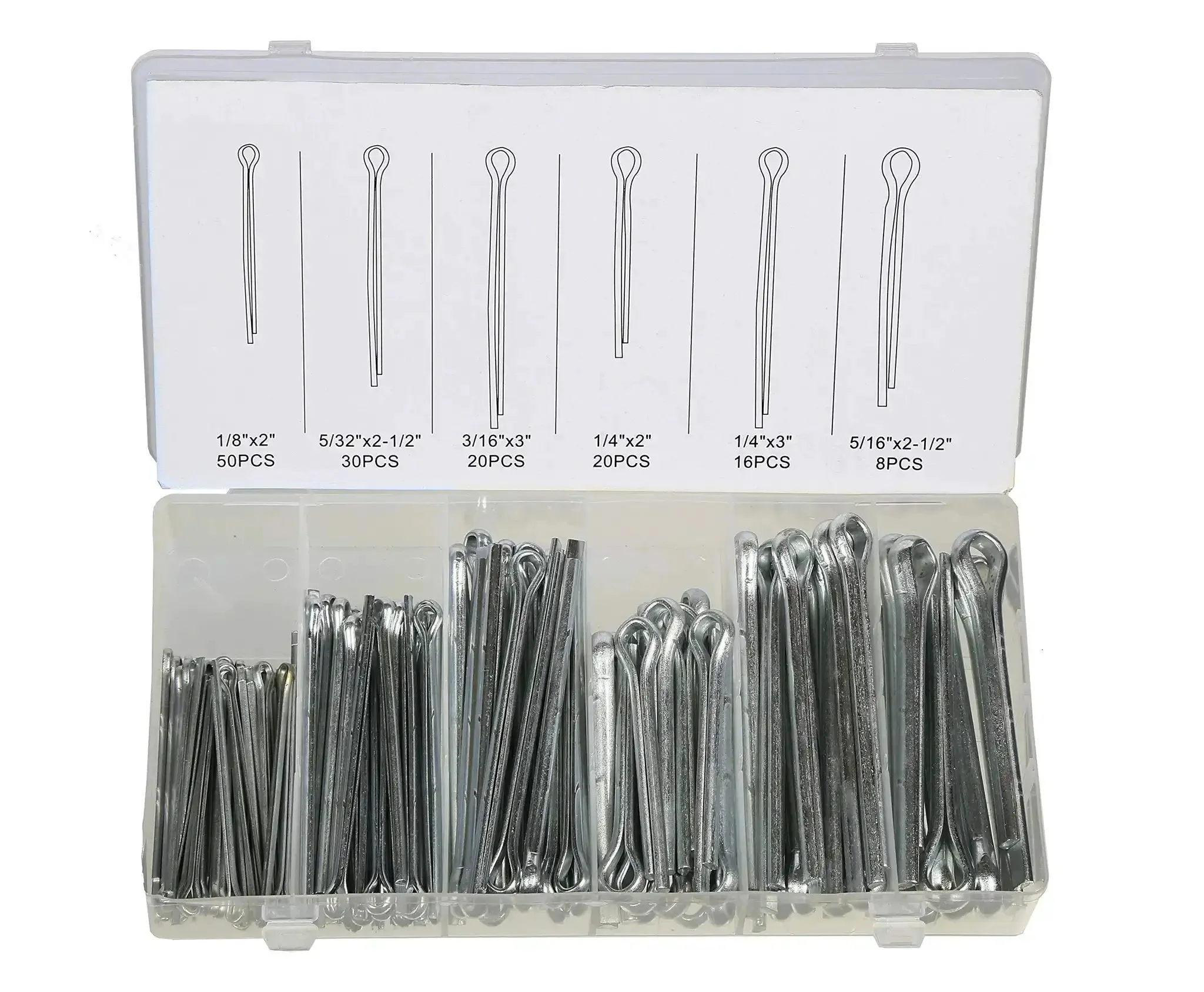144 Piece Large Assorted Cotter Pins Set Galvanized Steel Built Tough Heavy Duty With Labeled Storage Organizer Includes 1/8x2, 5/32x2-1/2, 3/16x3, 1/4x3, 1/4x2, 5/16x2-1/2