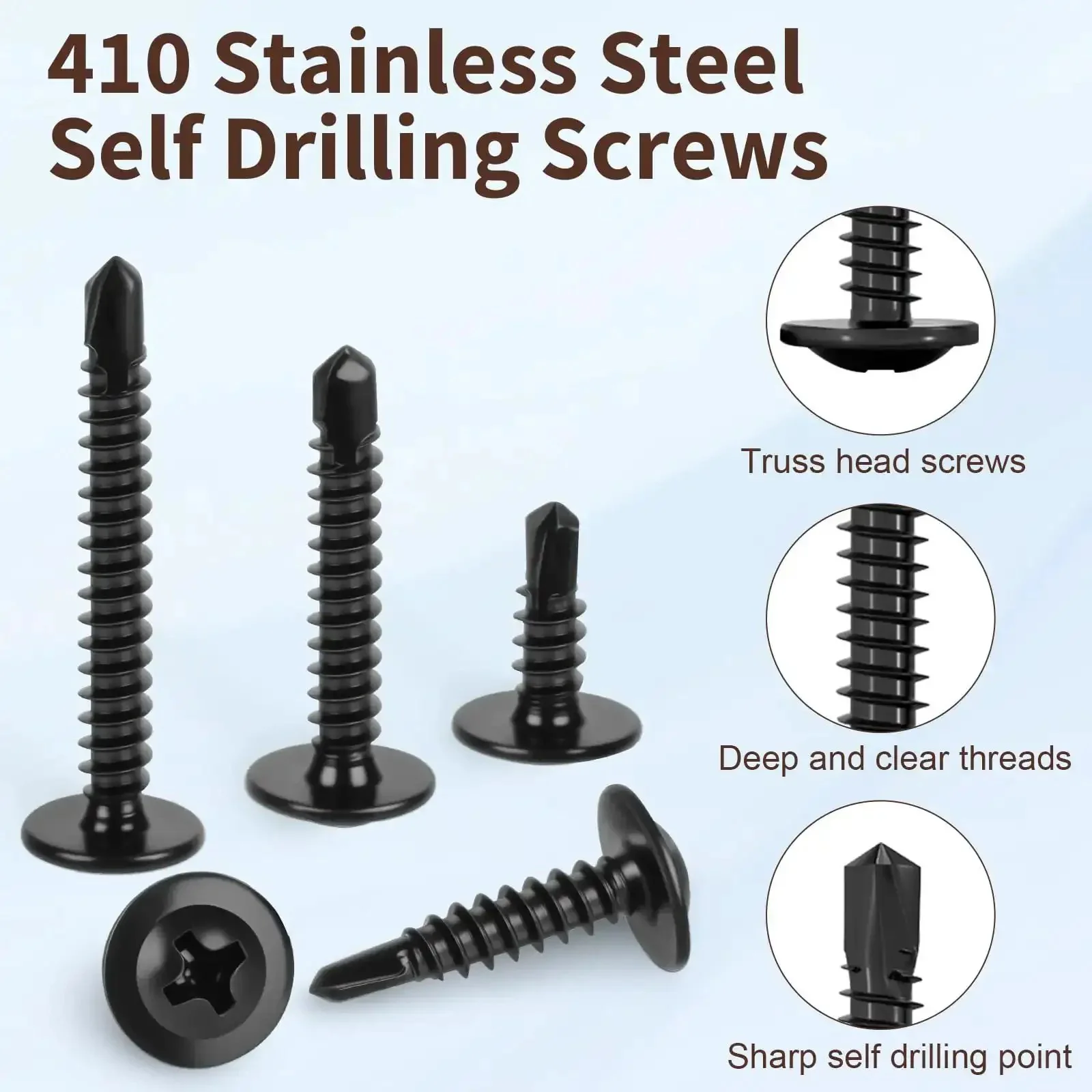 145 Piece Self Tapping Screws Set For Metal Projects In 410 Stainless Steel With Black Zinc Plating, Size Eight Truss Head Screws In Half Inch, Five Eighths Inch, Three Quarters Inch, One Inch And One Quarter Inch Lengths For Sheet Metal And DIY - Image 5