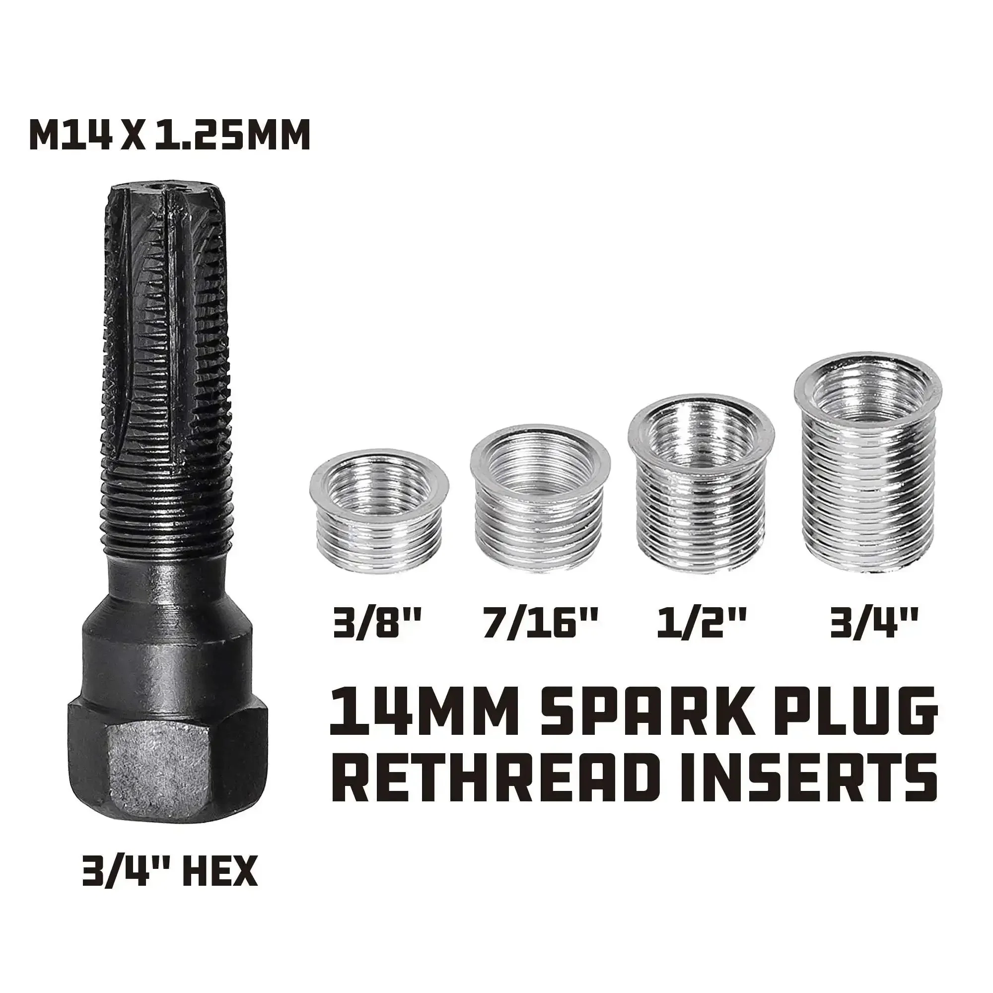 14mm Spark Plug Thread Repair Kit For Aluminum Cylinder Heads With Rethread Tap And Four Inserts Including Two 7/16 Inch, One 5/8 Inch And One 13/16 Inch To Repair Damaged Spark Plug Holes - Image 4
